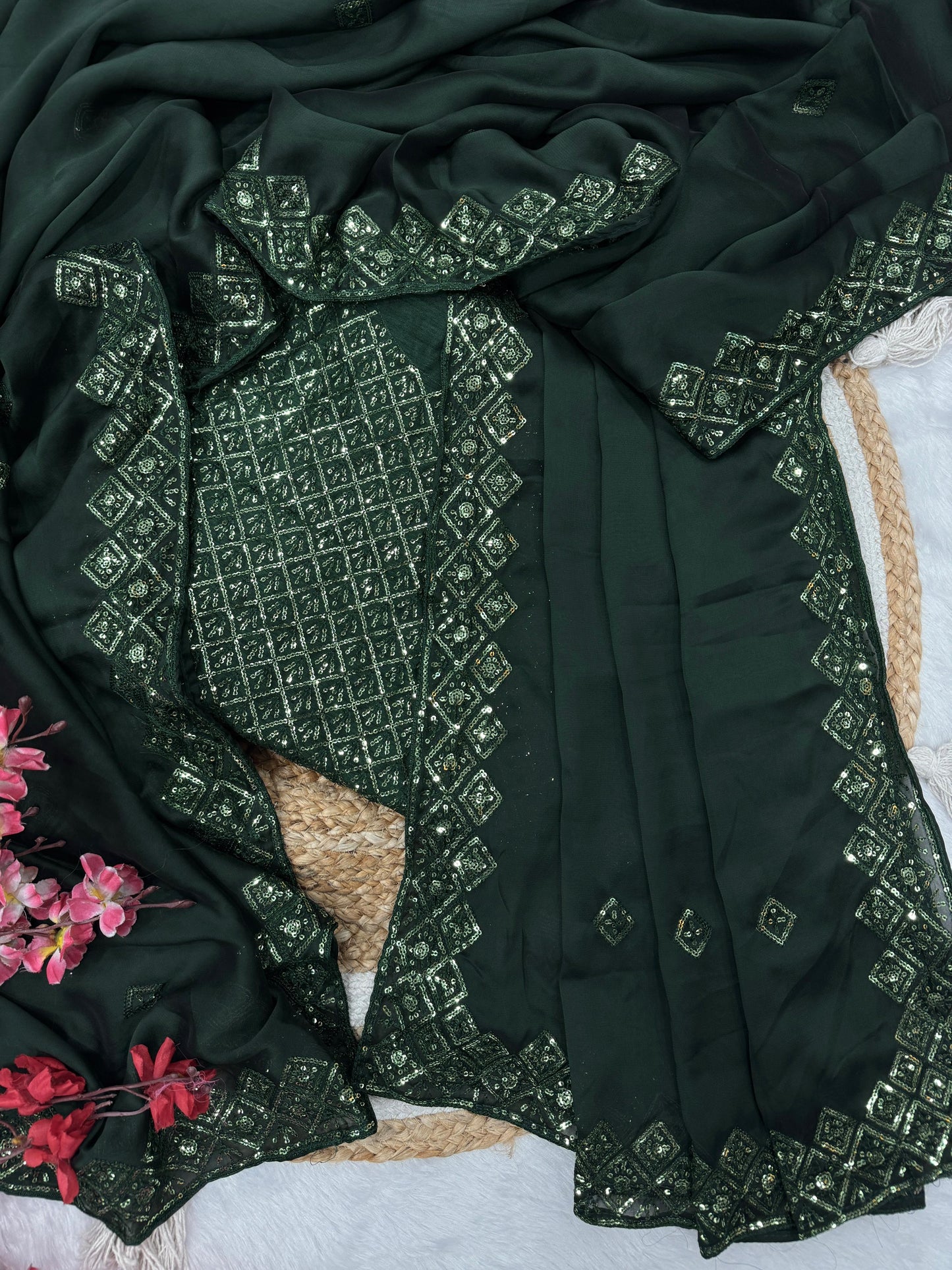 Bottle Green Soft Rangoli Silk Embroidery Work Saree