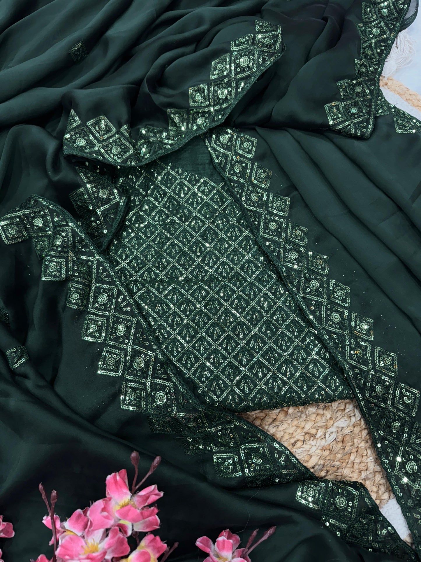 Bottle Green Soft Rangoli Silk Embroidery Work Saree