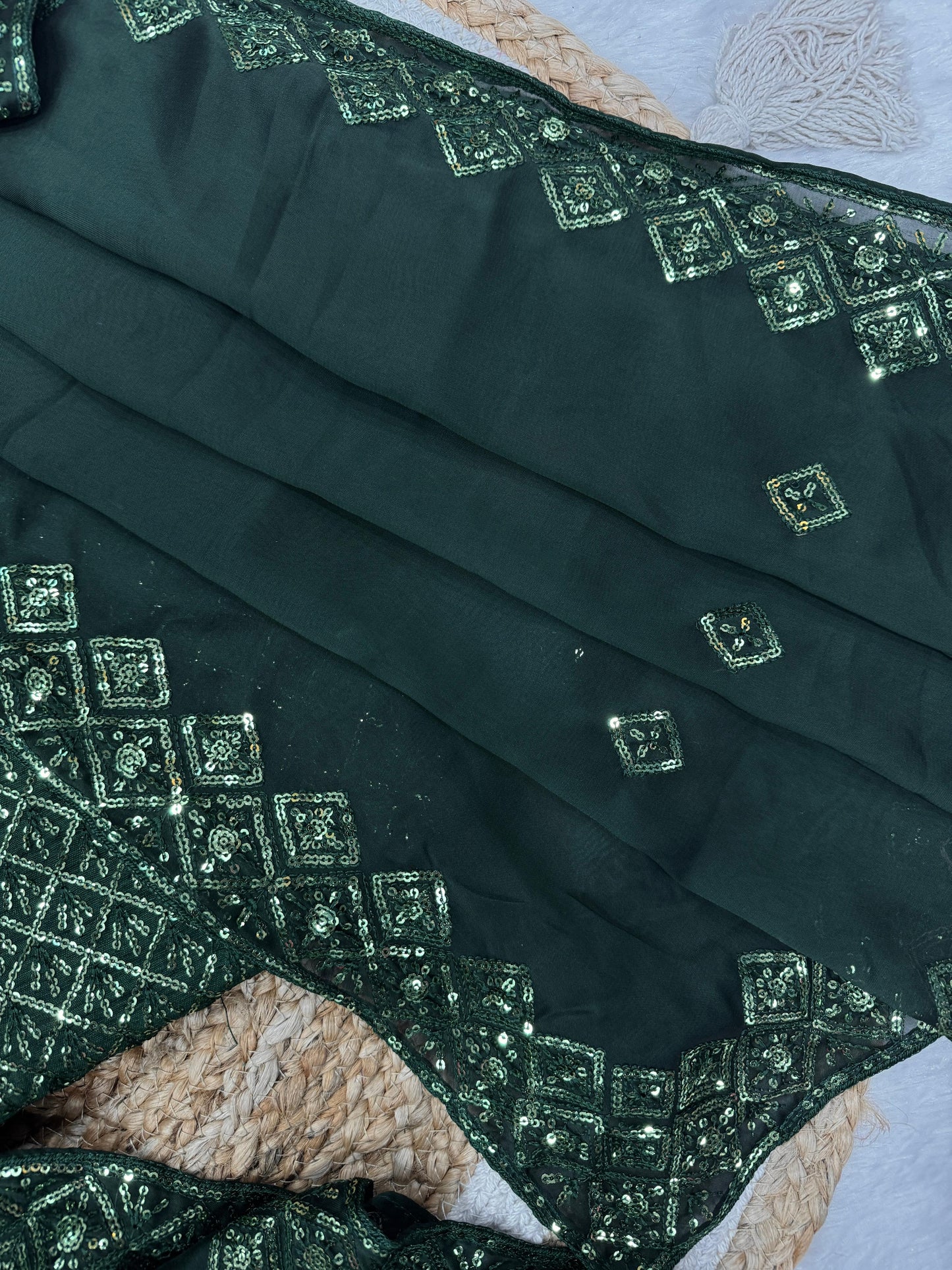 Bottle Green Soft Rangoli Silk Embroidery Work Saree