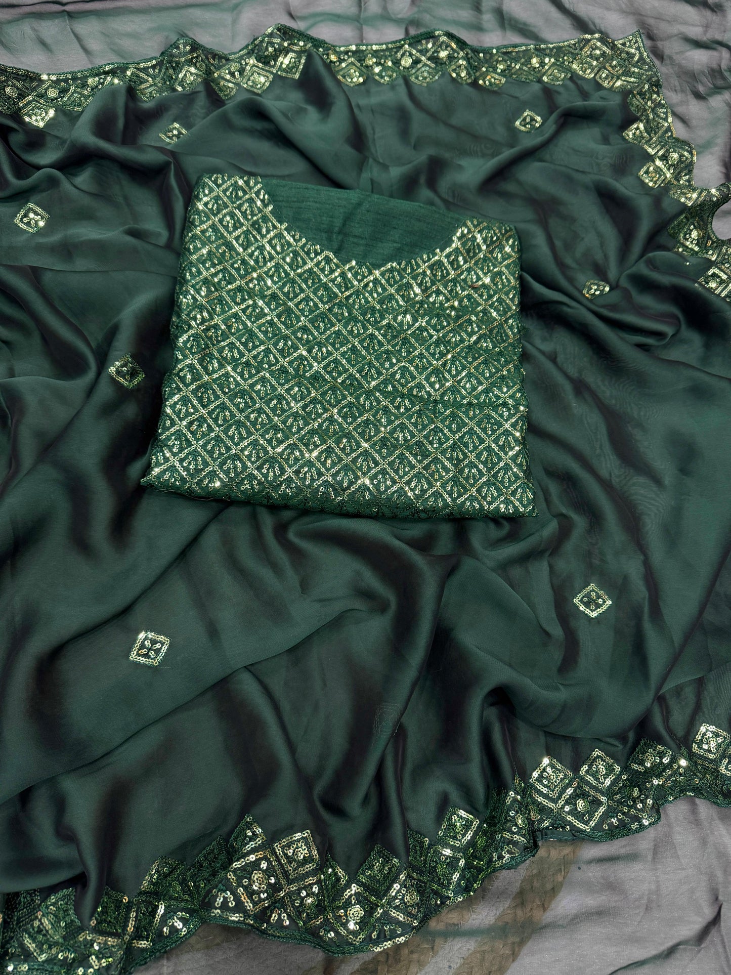 Bottle Green Soft Rangoli Silk Embroidery Work Saree