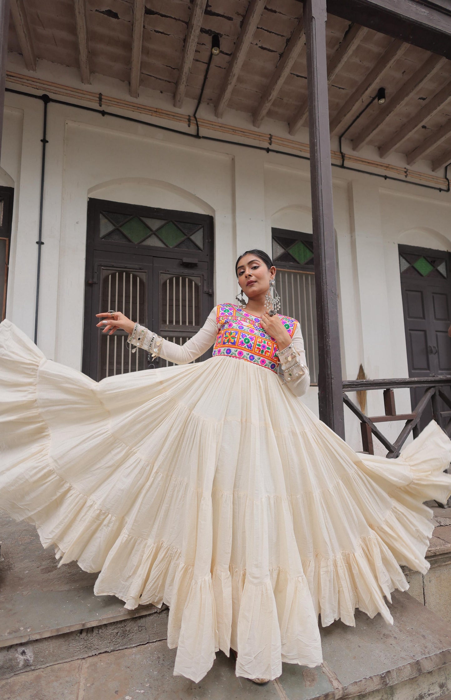 White Kora Cotton with Multi-Thread Embroidered Gamthi Work Gown
