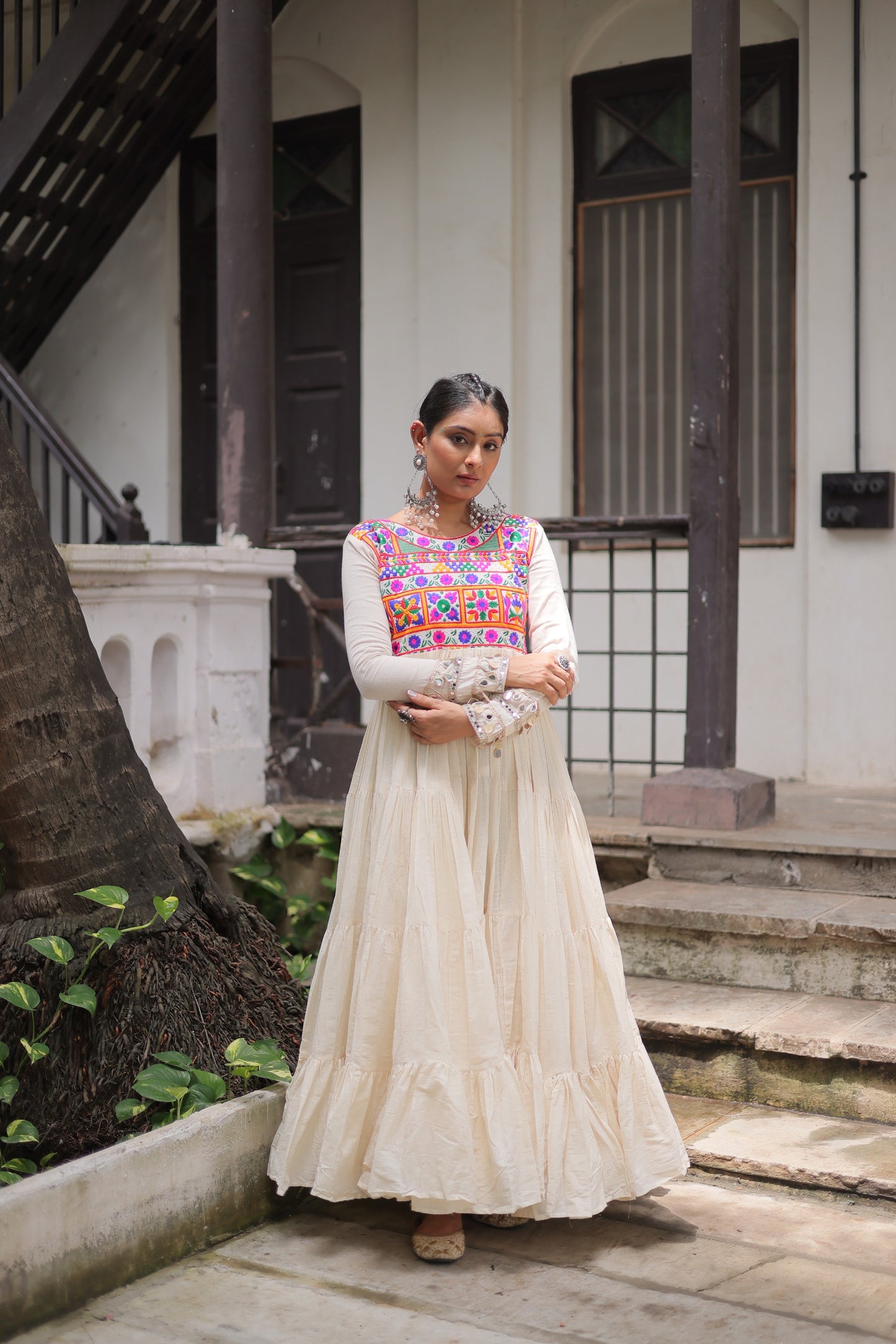 White Kora Cotton with Multi-Thread Embroidered Gamthi Work Gown