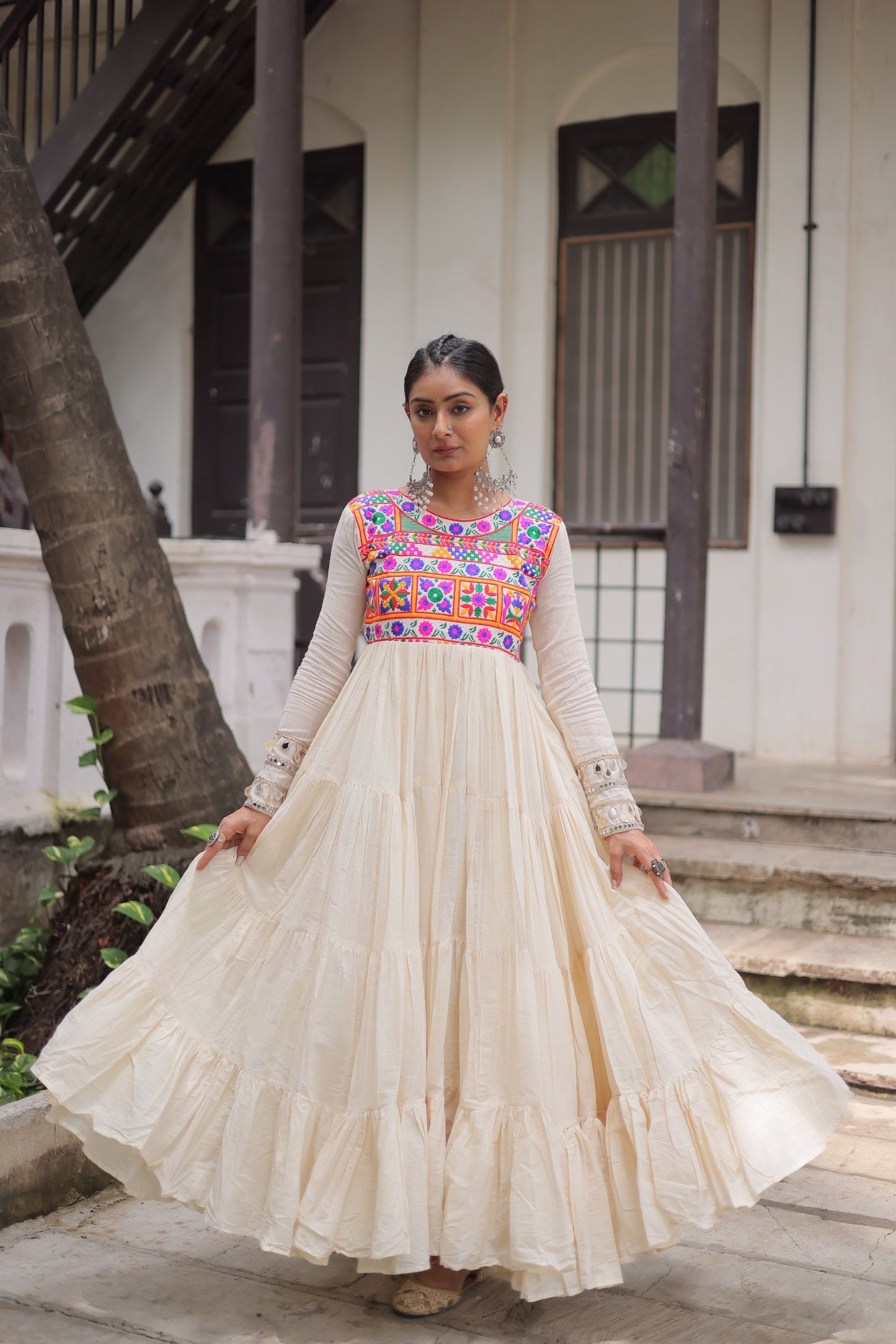 White Kora Cotton with Multi-Thread Embroidered Gamthi Work Gown