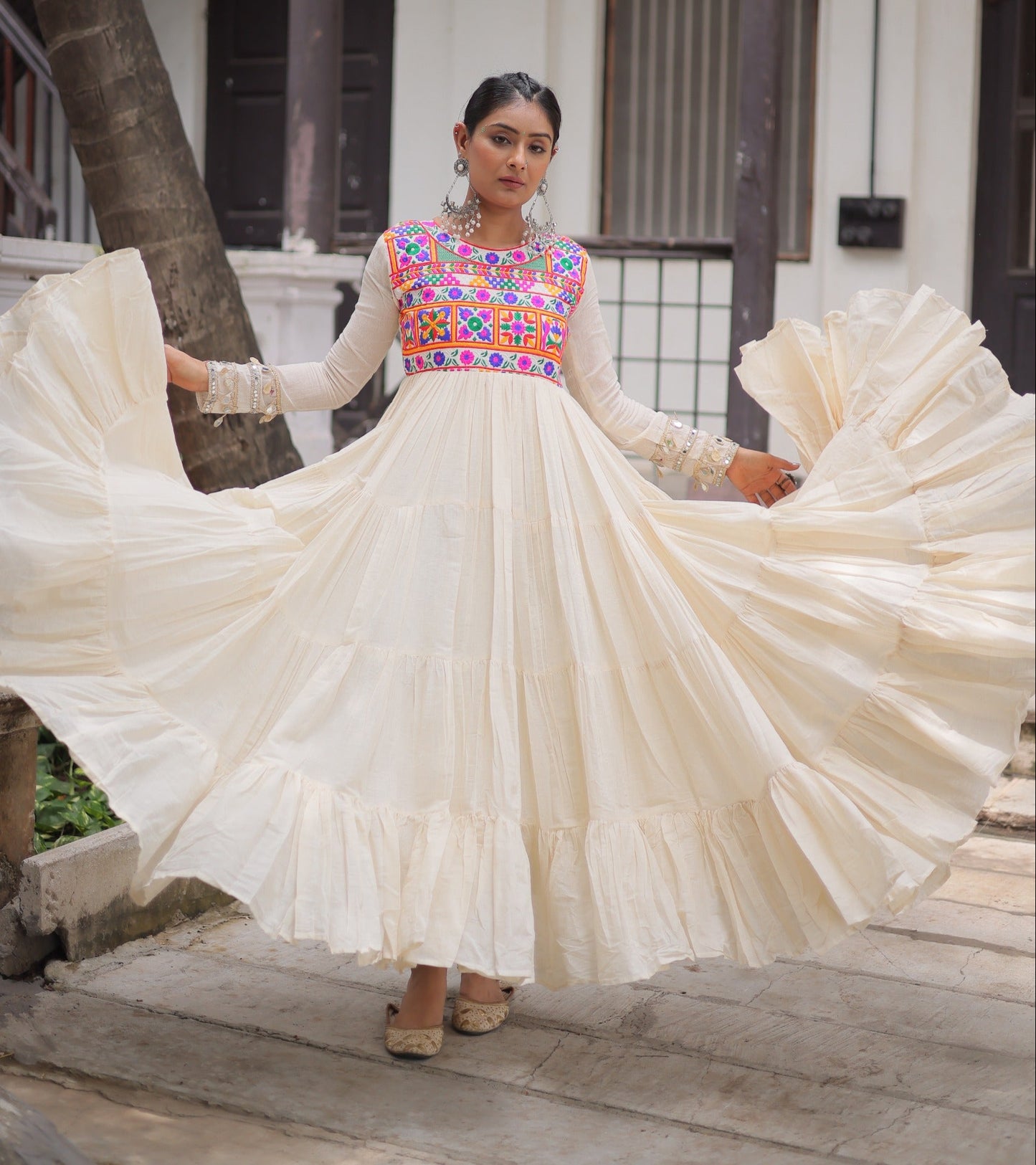 White Kora Cotton with Multi-Thread Embroidered Gamthi Work Gown