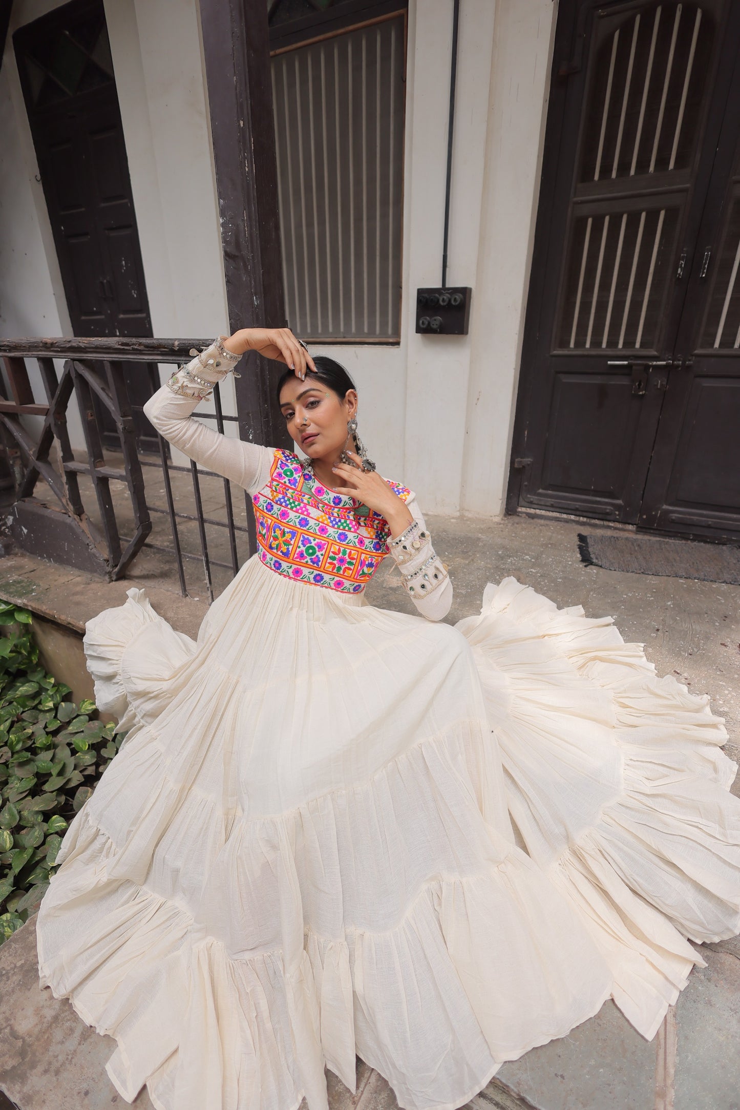 White Kora Cotton with Multi-Thread Embroidered Gamthi Work Gown