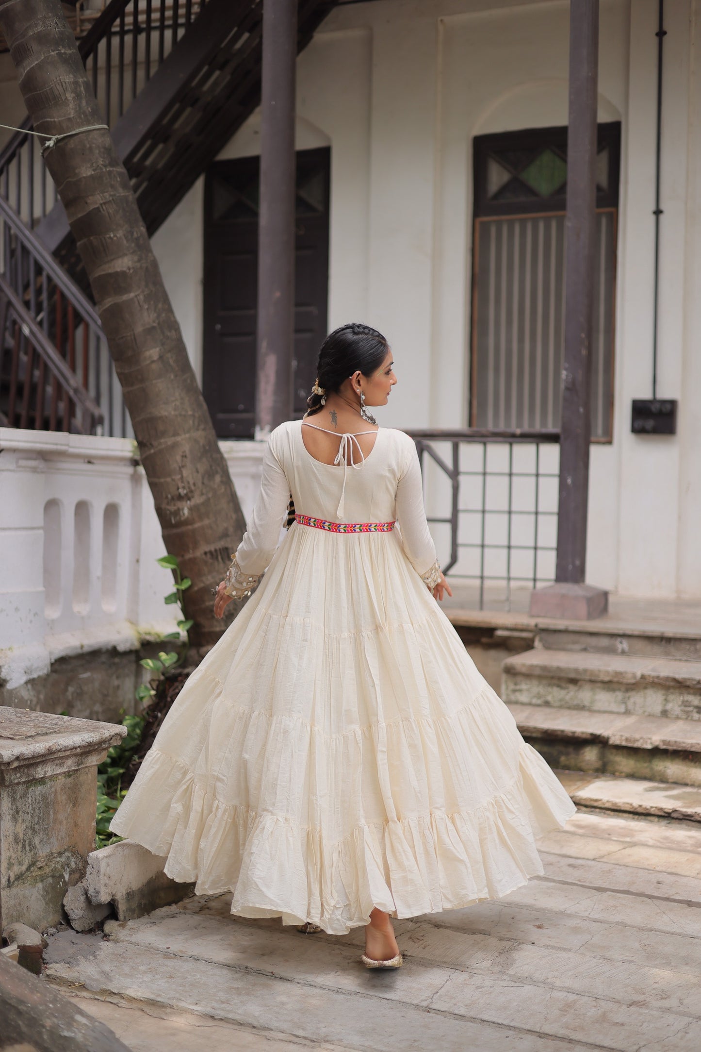 White Kora Cotton with Multi-Thread Embroidered Gamthi Work Gown