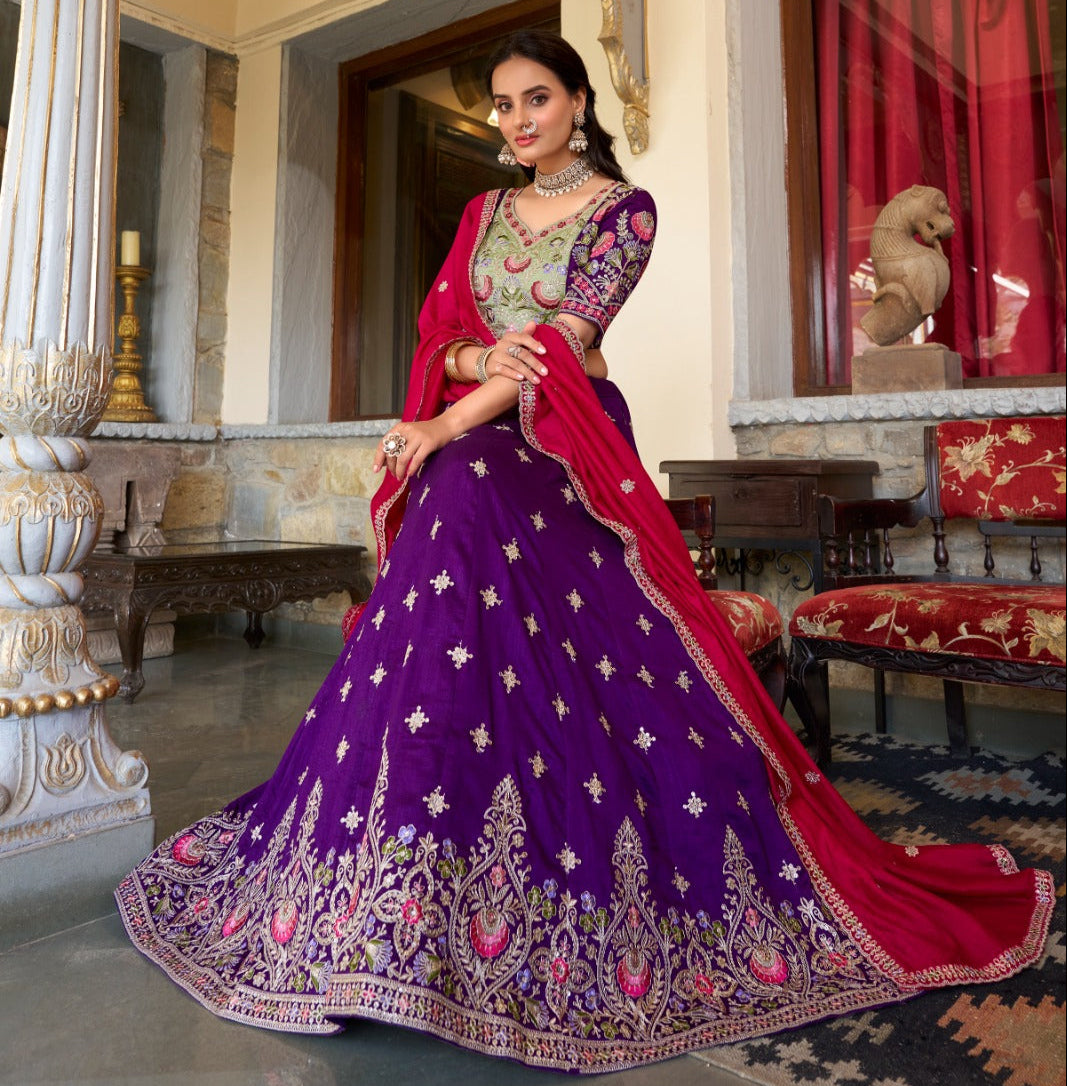 Purple Vichitra Silk Embroidery Work Lehenga