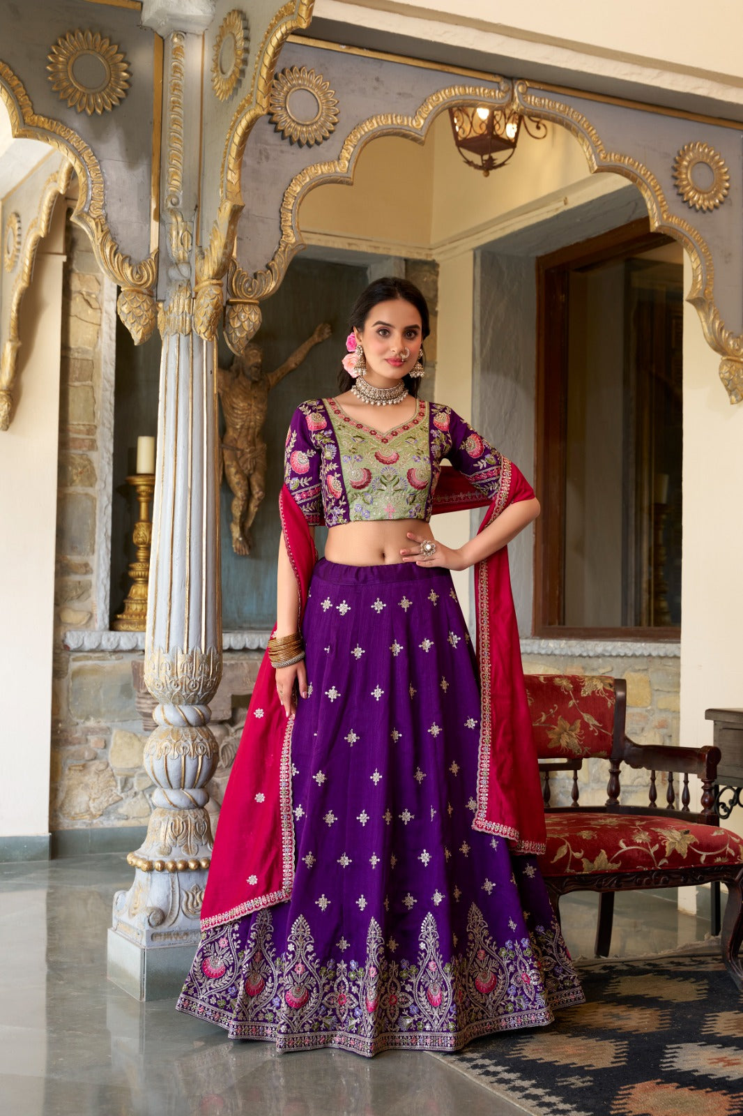 Purple Vichitra Silk Embroidery Work Lehenga