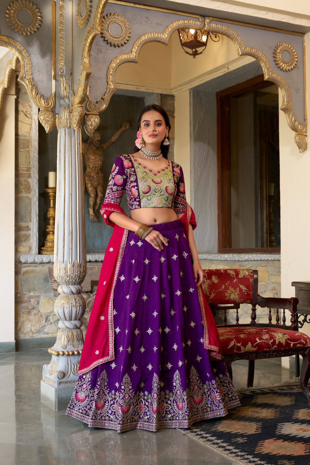 Purple Vichitra Silk Embroidery Work Lehenga