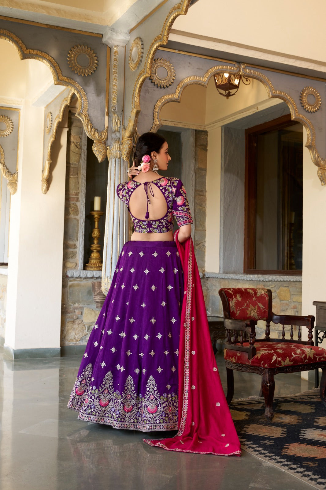 Purple Vichitra Silk Embroidery Work Lehenga
