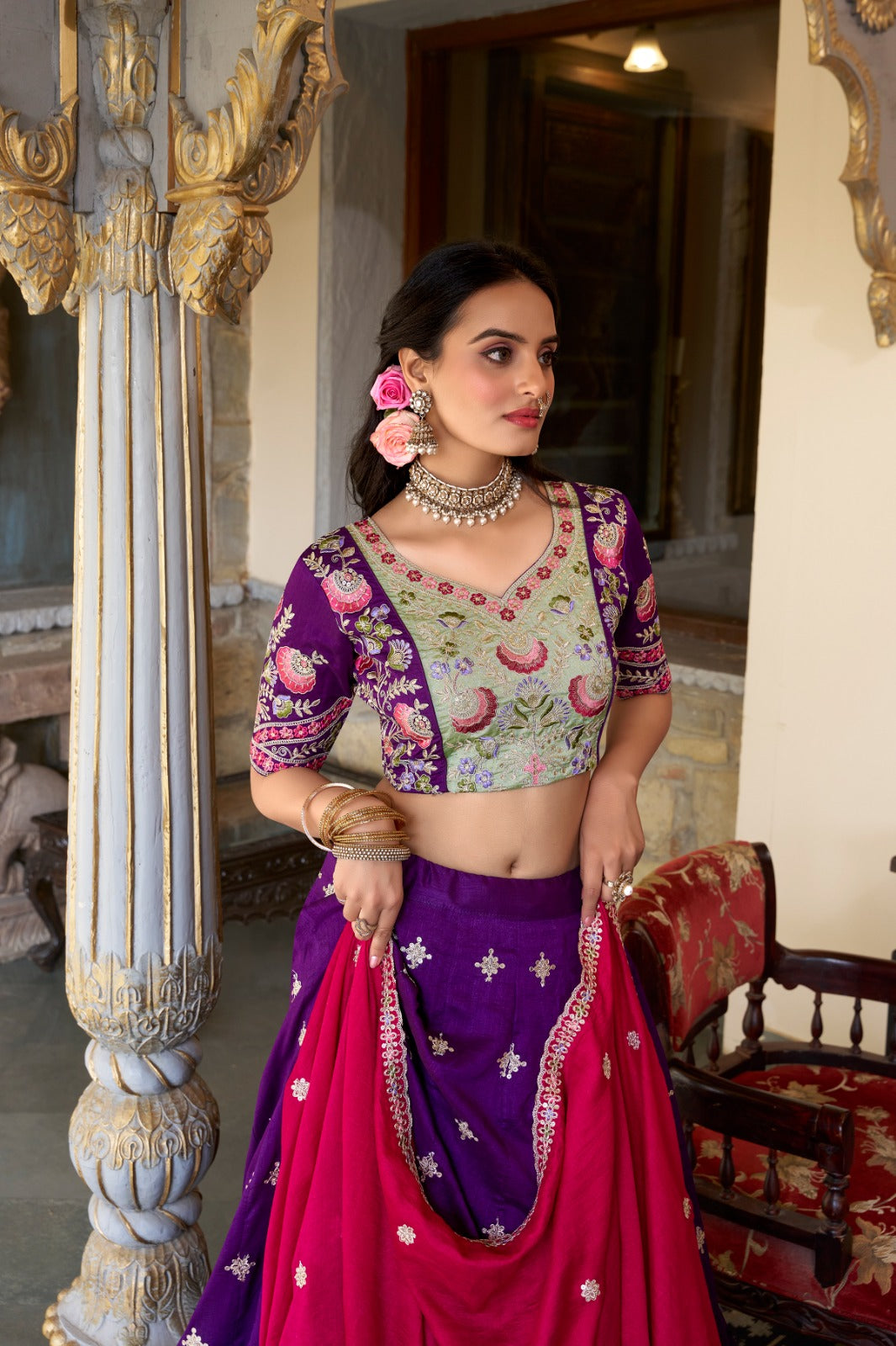 Purple Vichitra Silk Embroidery Work Lehenga