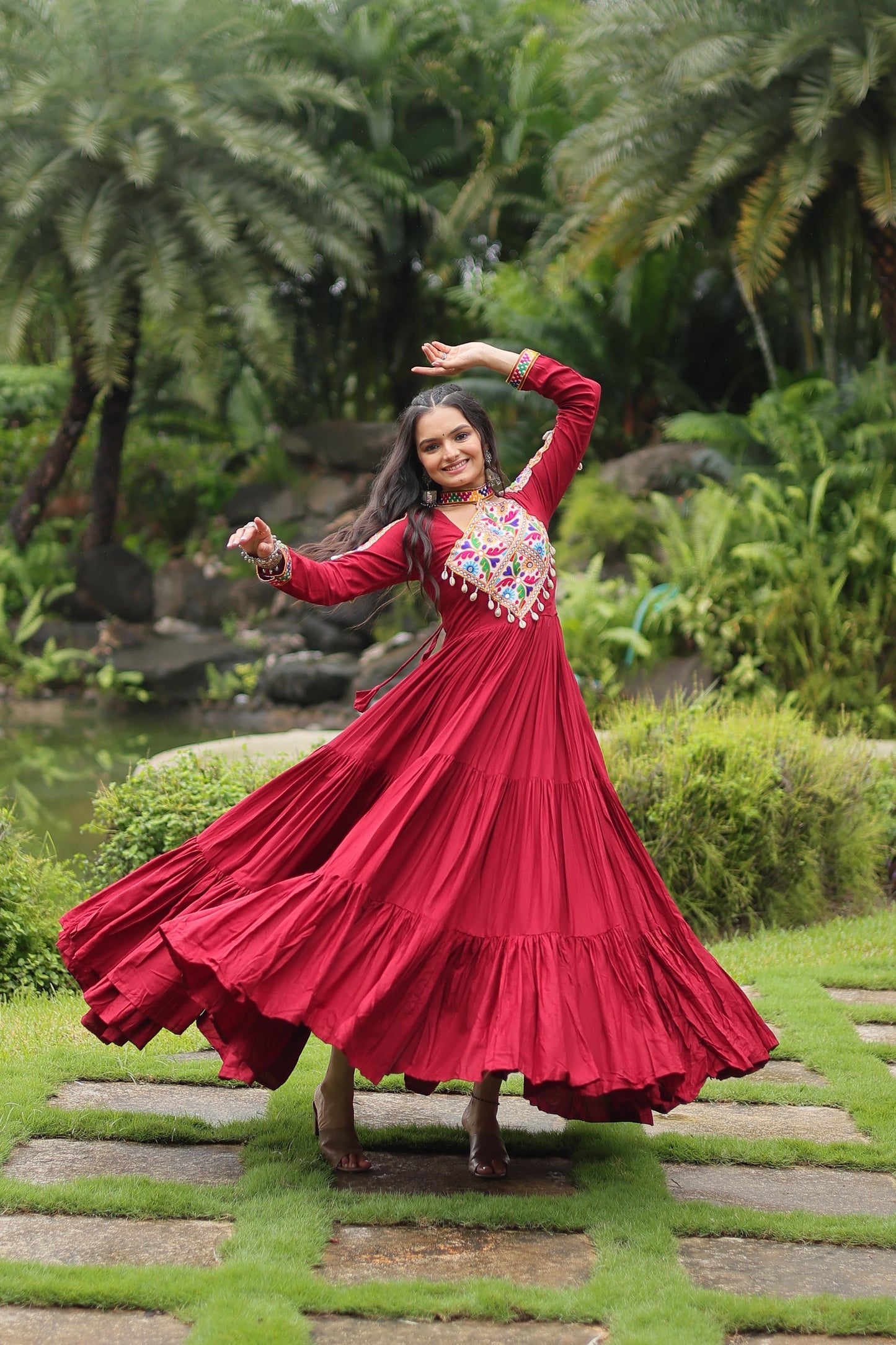 Maroon Kutchi Gamthi Work Gown