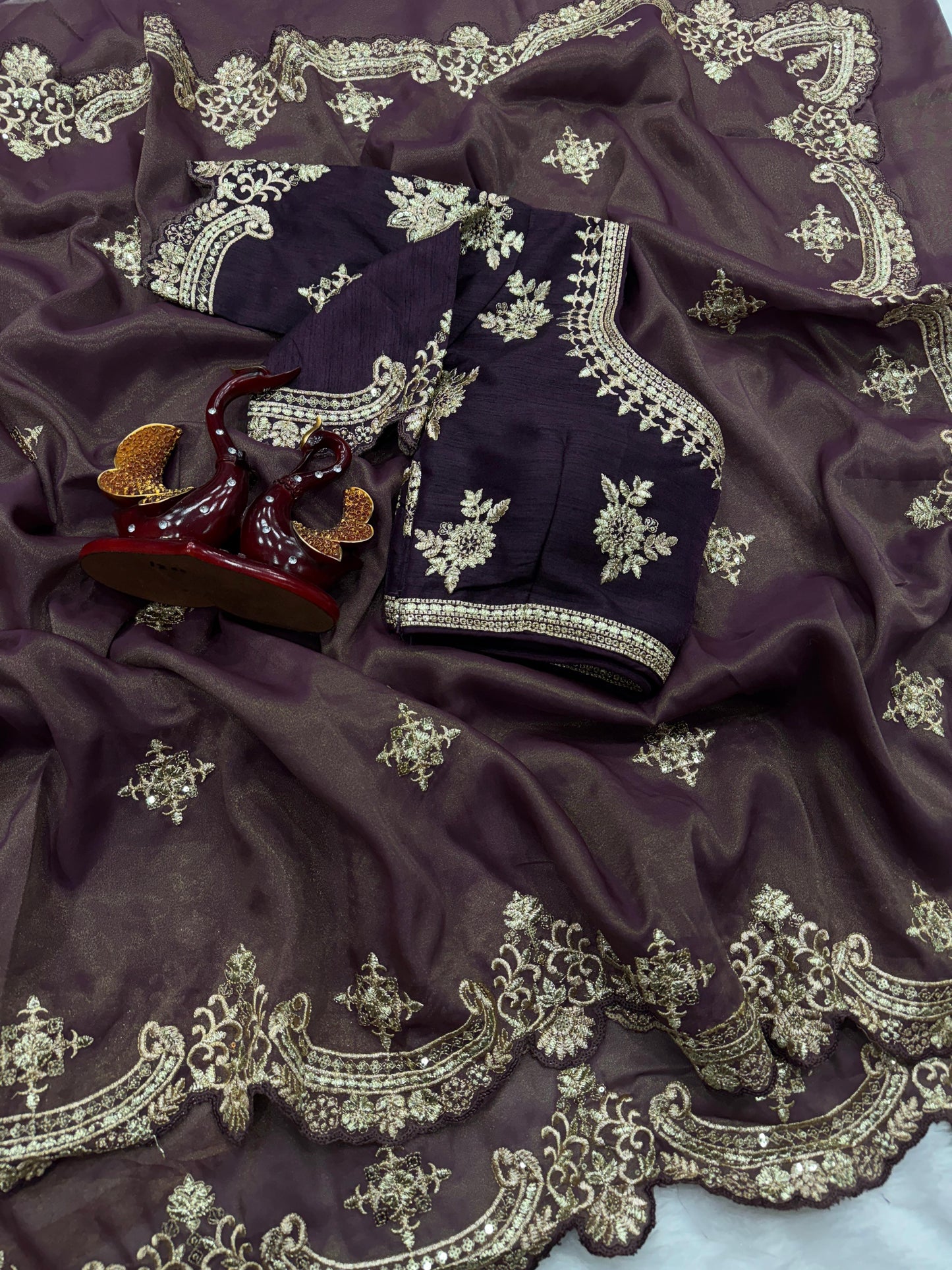 Wine color Two Tone Soft Copper Gold Weave Silk Saree