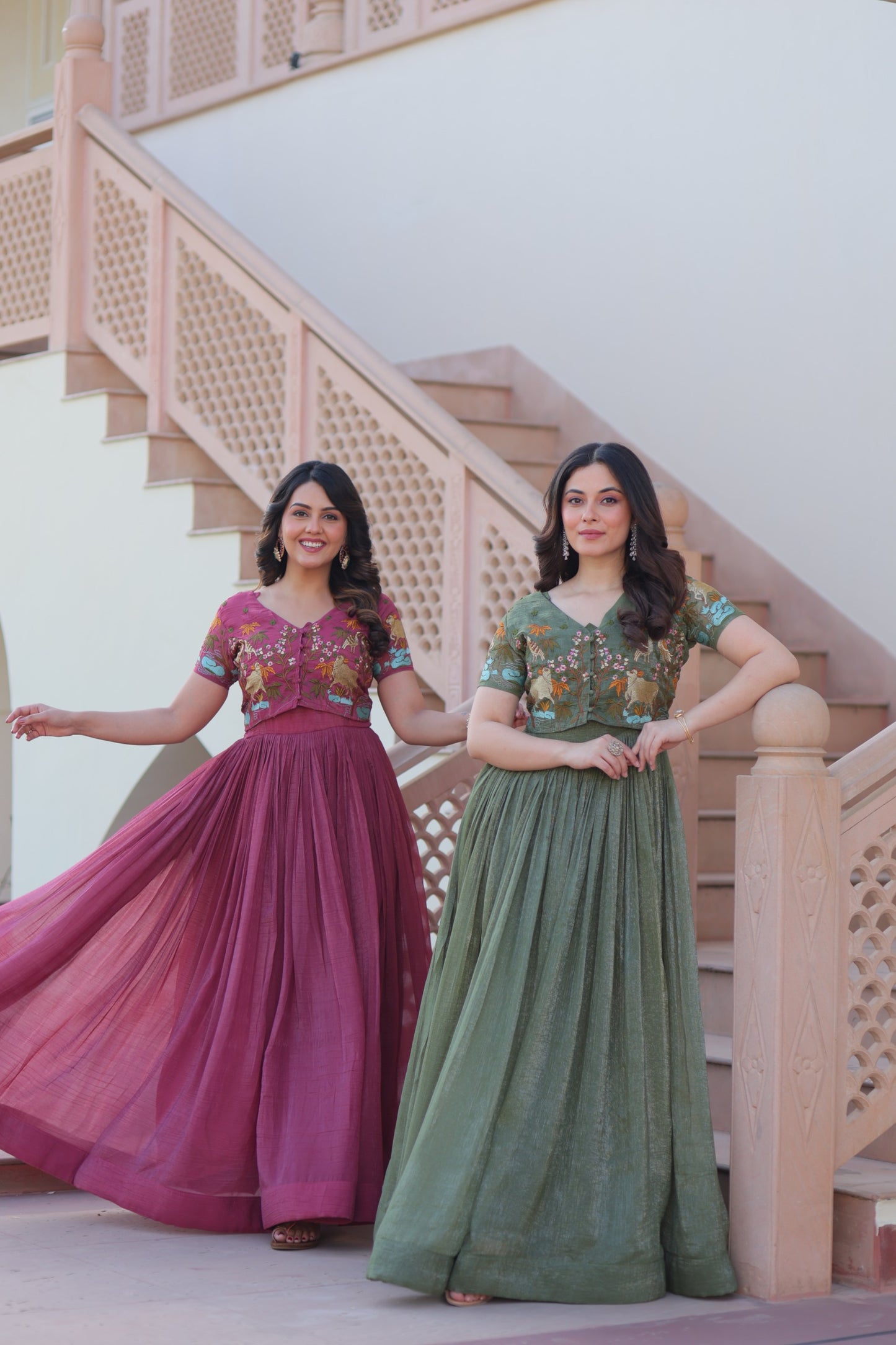 Mehendi color Silver Crunch Embroidery Work Gown with Koti