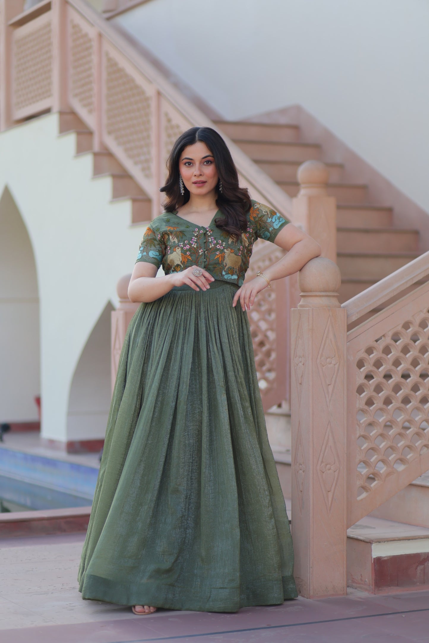 Mehendi color Silver Crunch Embroidery Work Gown with Koti