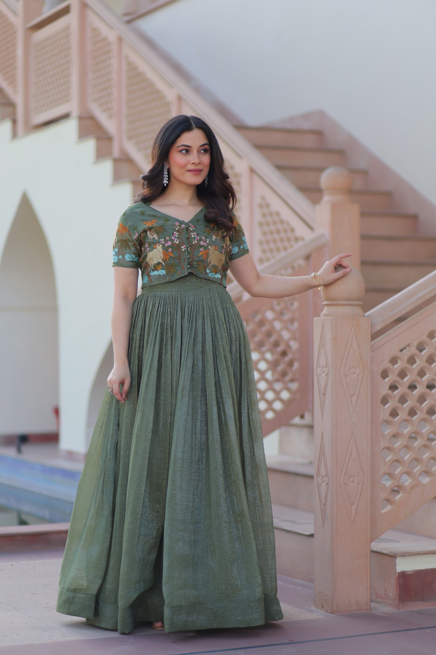 Mehendi color Silver Crunch Embroidery Work Gown with Koti