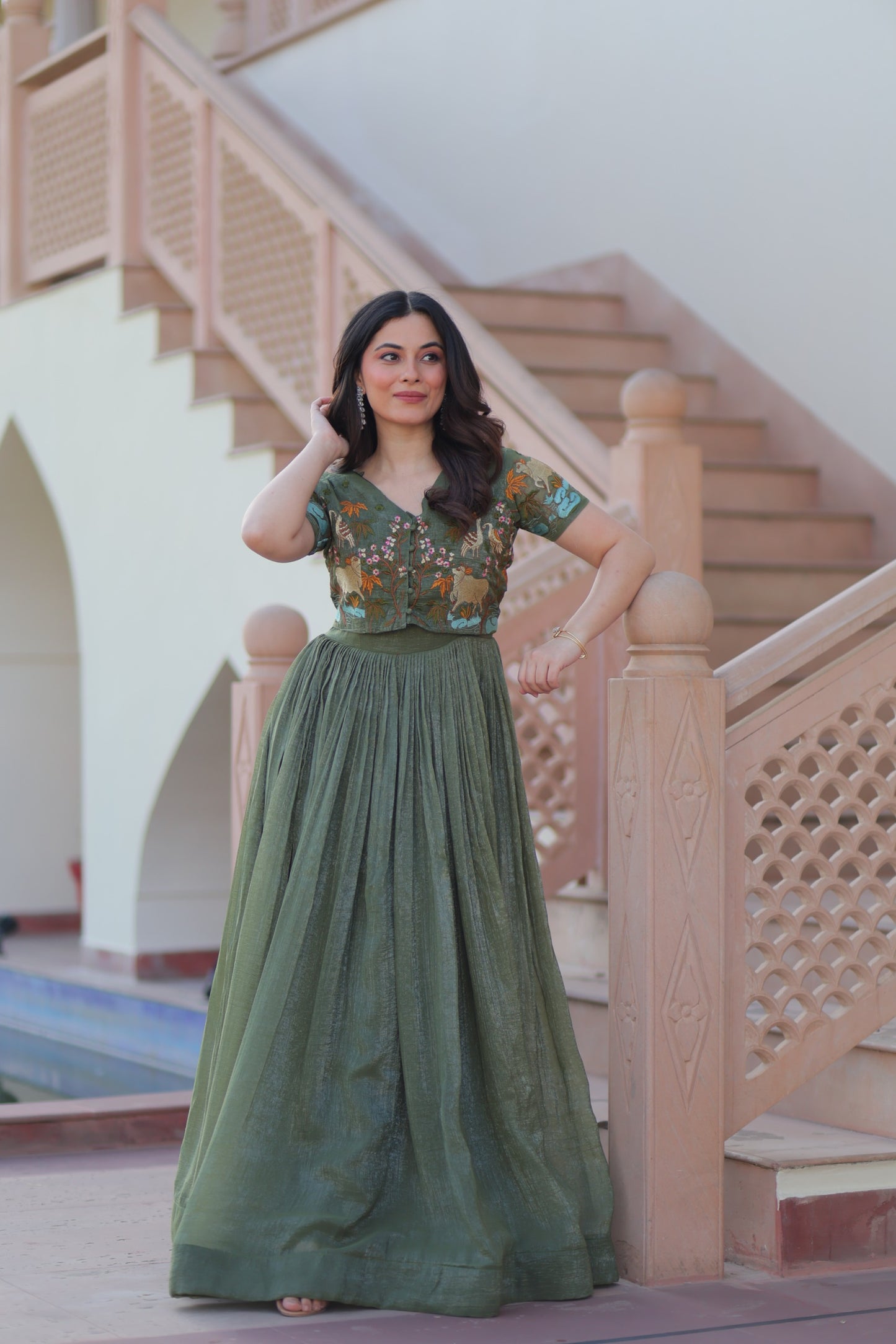 Mehendi color Silver Crunch Embroidery Work Gown with Koti
