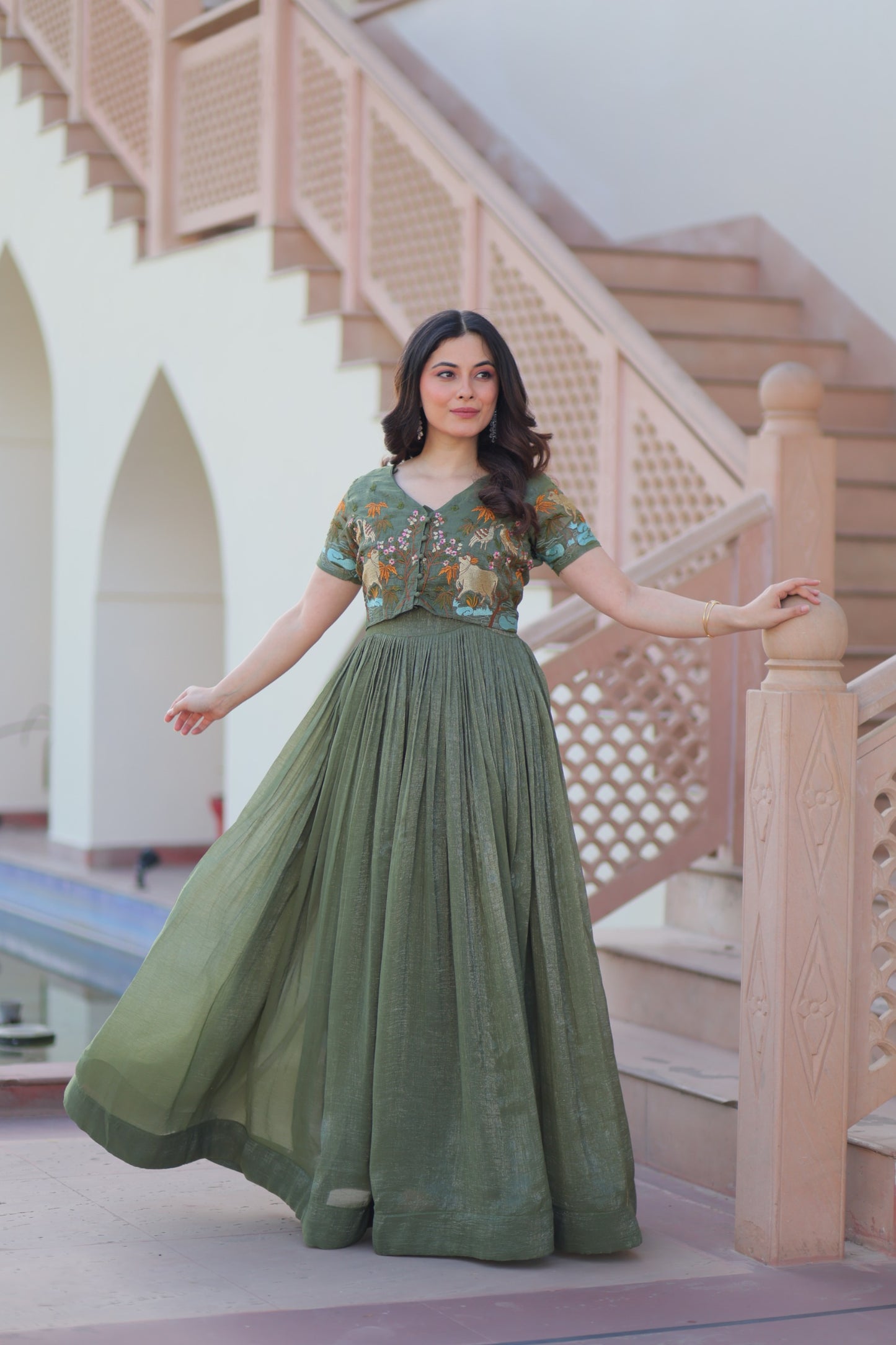 Mehendi color Silver Crunch Embroidery Work Gown with Koti