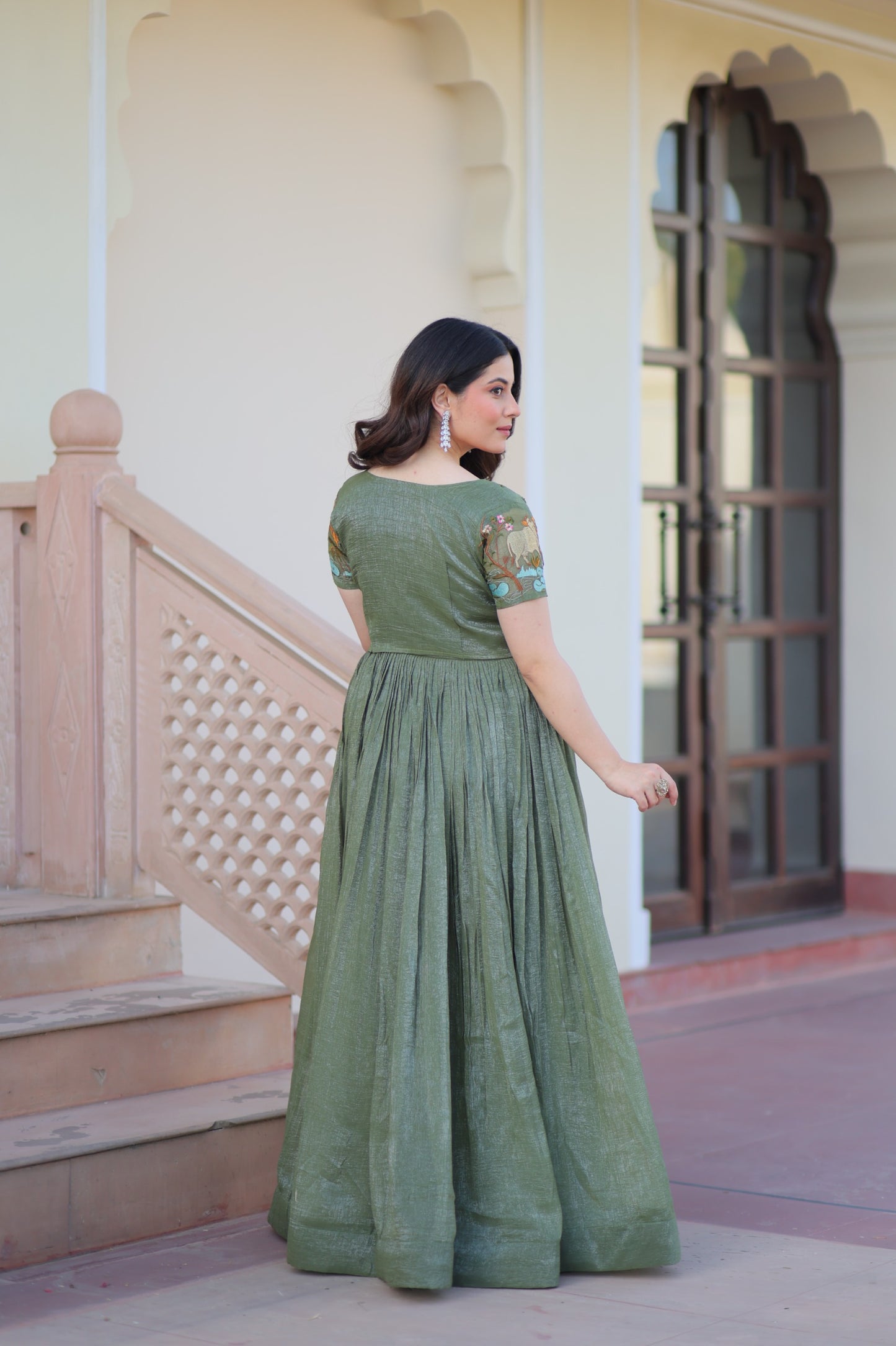 Mehendi color Silver Crunch Embroidery Work Gown with Koti