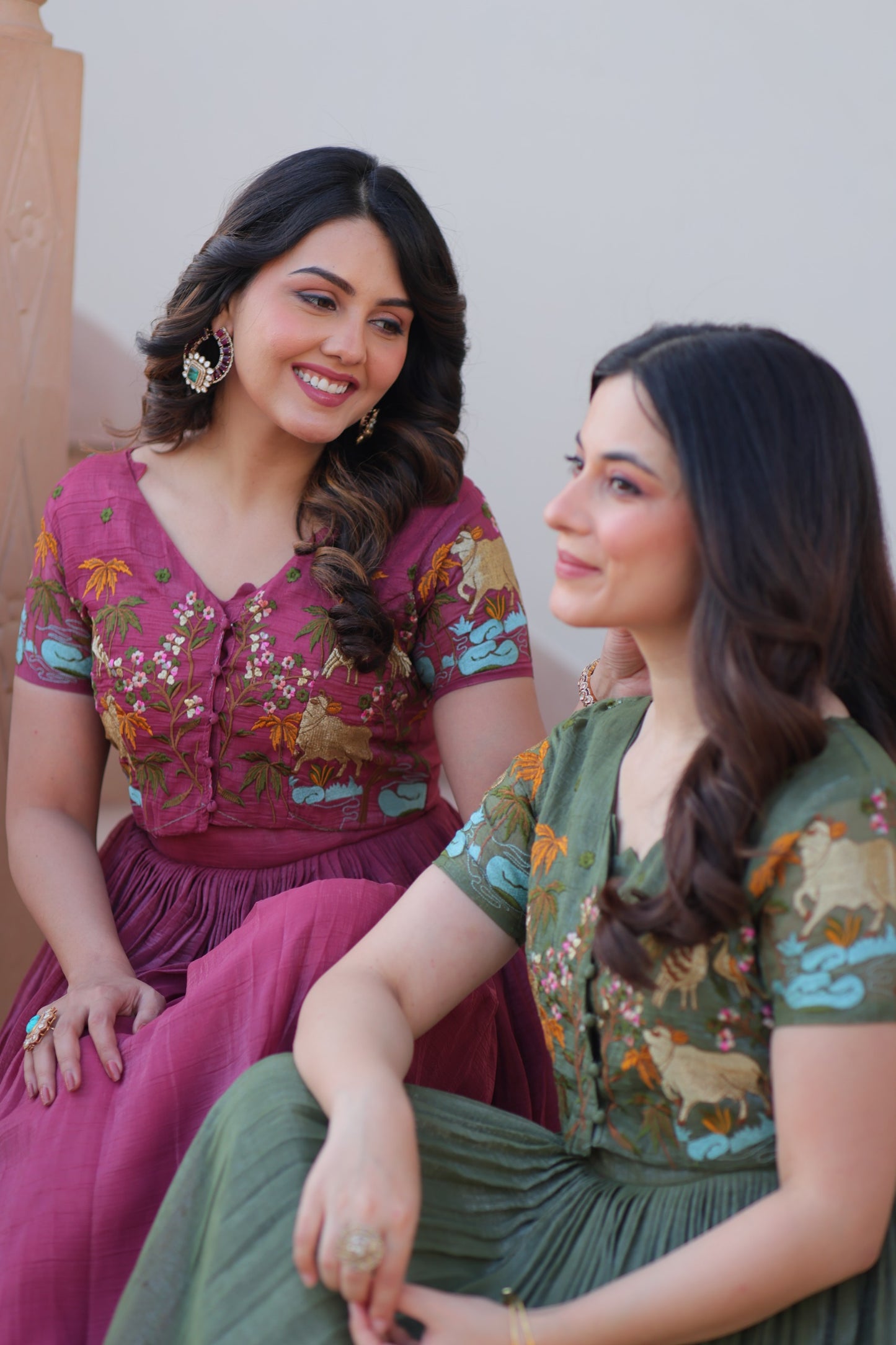 Mehendi color Silver Crunch Embroidery Work Gown with Koti
