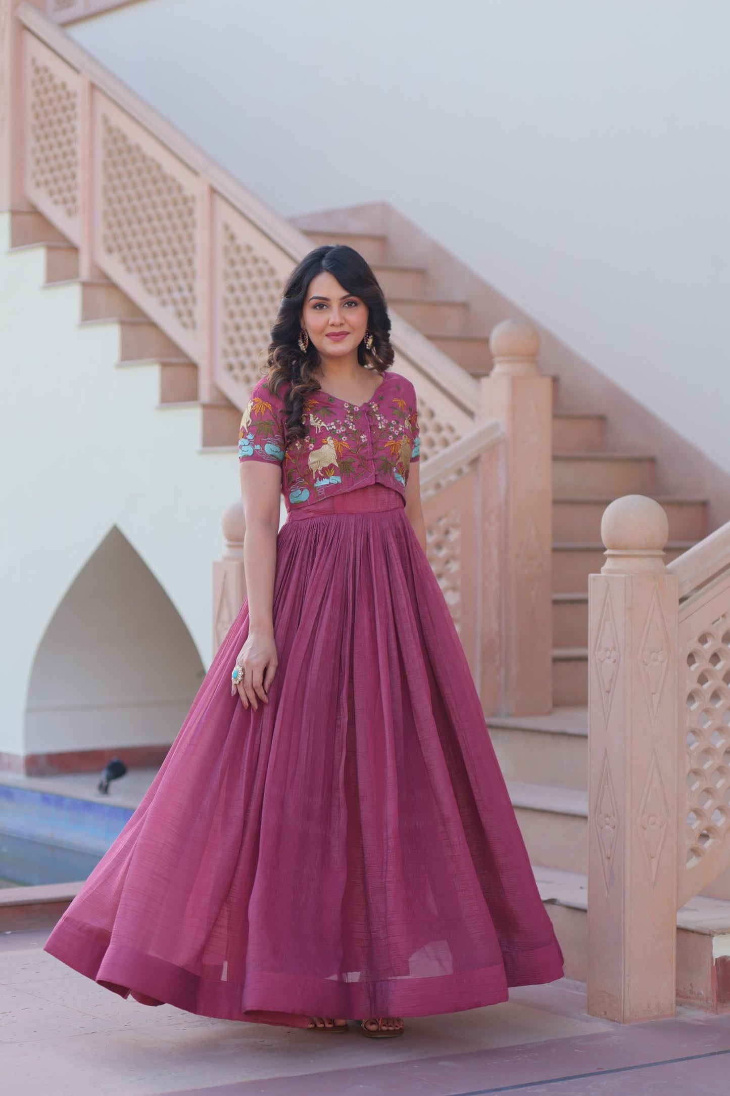 Mehendi color Silver Crunch Embroidery Work Gown with Koti