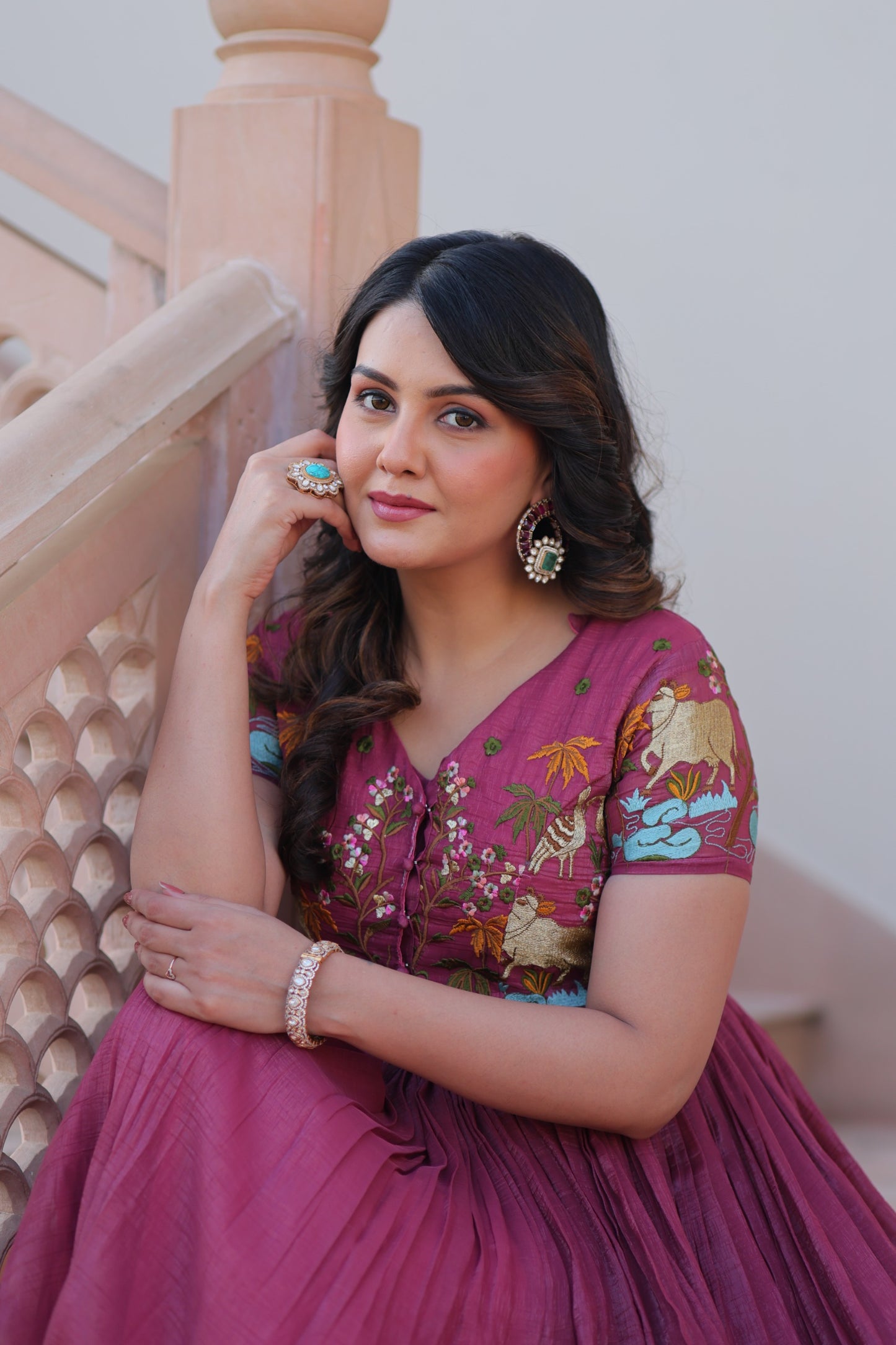 Mehendi color Silver Crunch Embroidery Work Gown with Koti