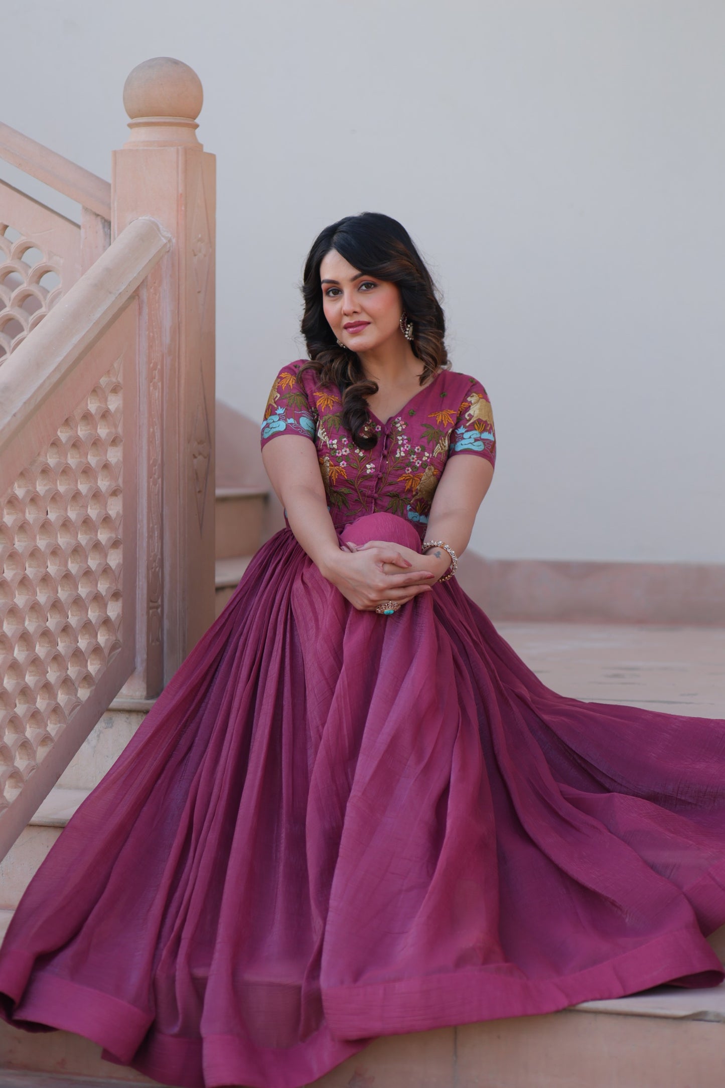 Mehendi color Silver Crunch Embroidery Work Gown with Koti