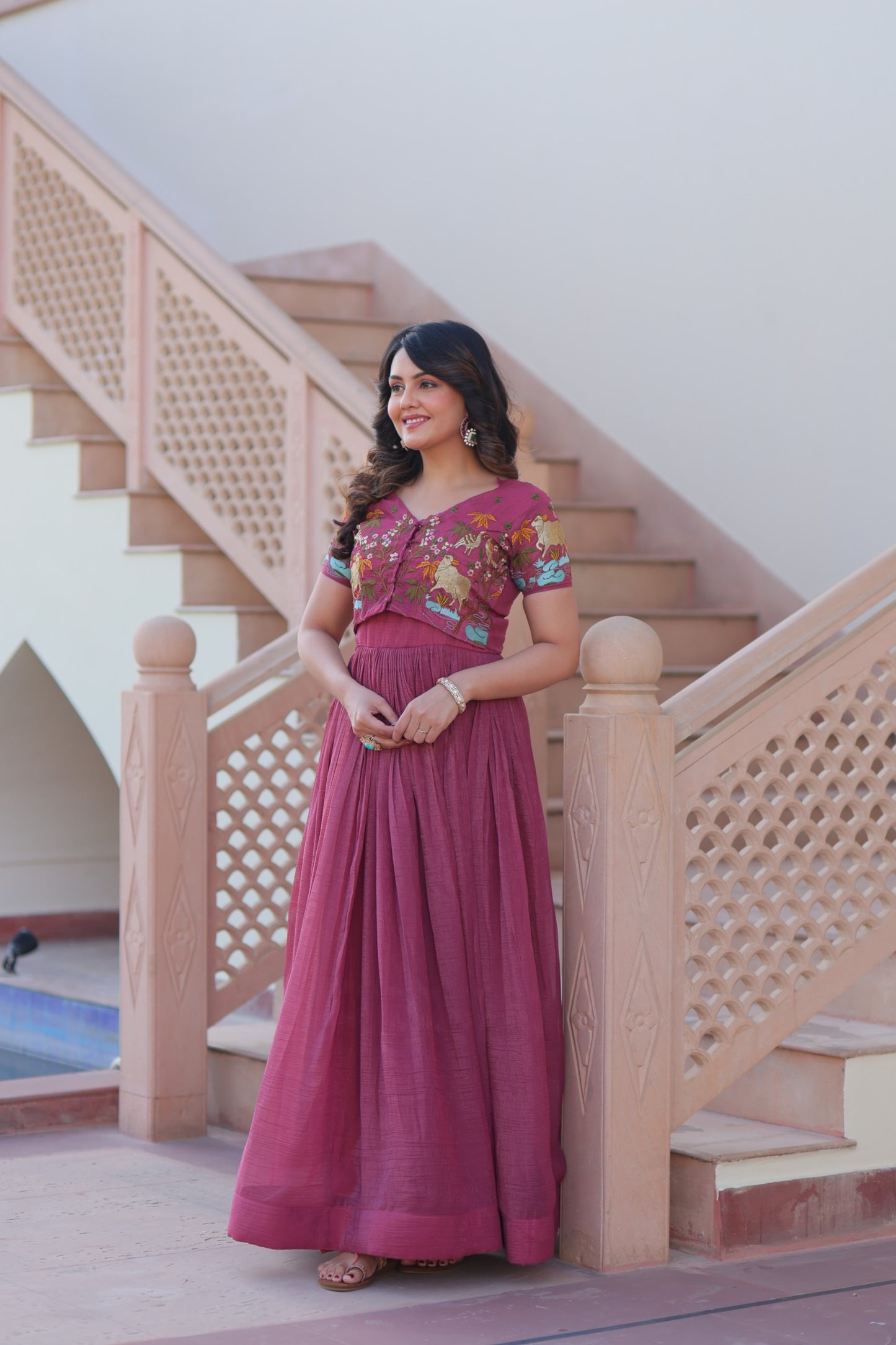 Mehendi color Silver Crunch Embroidery Work Gown with Koti