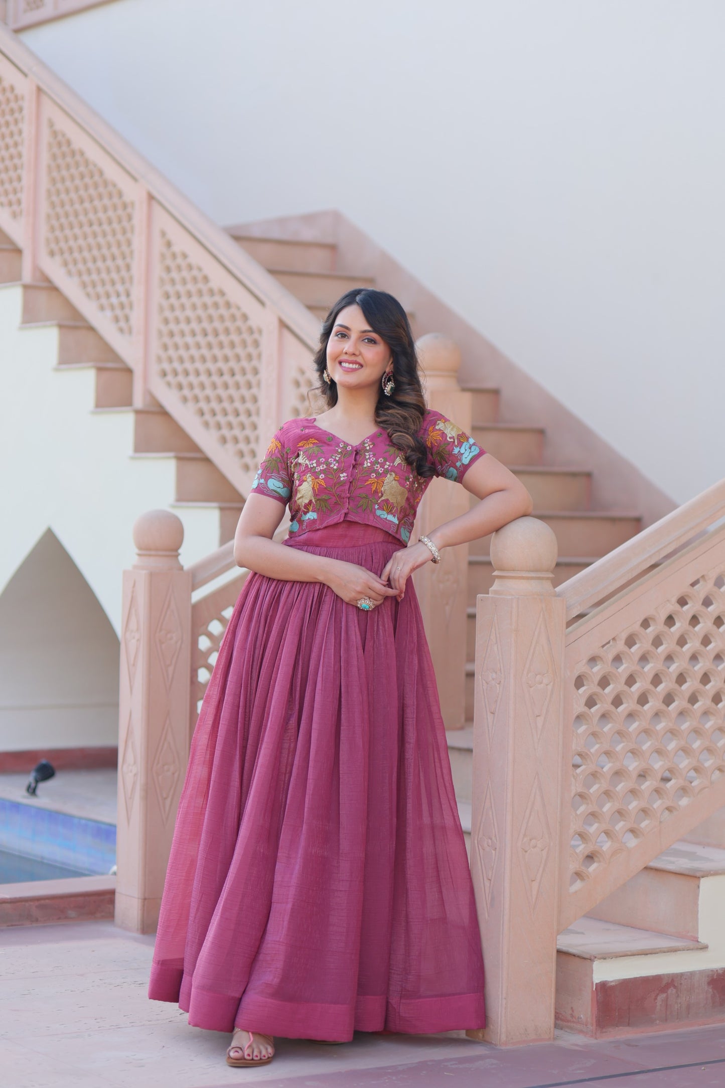 Mehendi color Silver Crunch Embroidery Work Gown with Koti