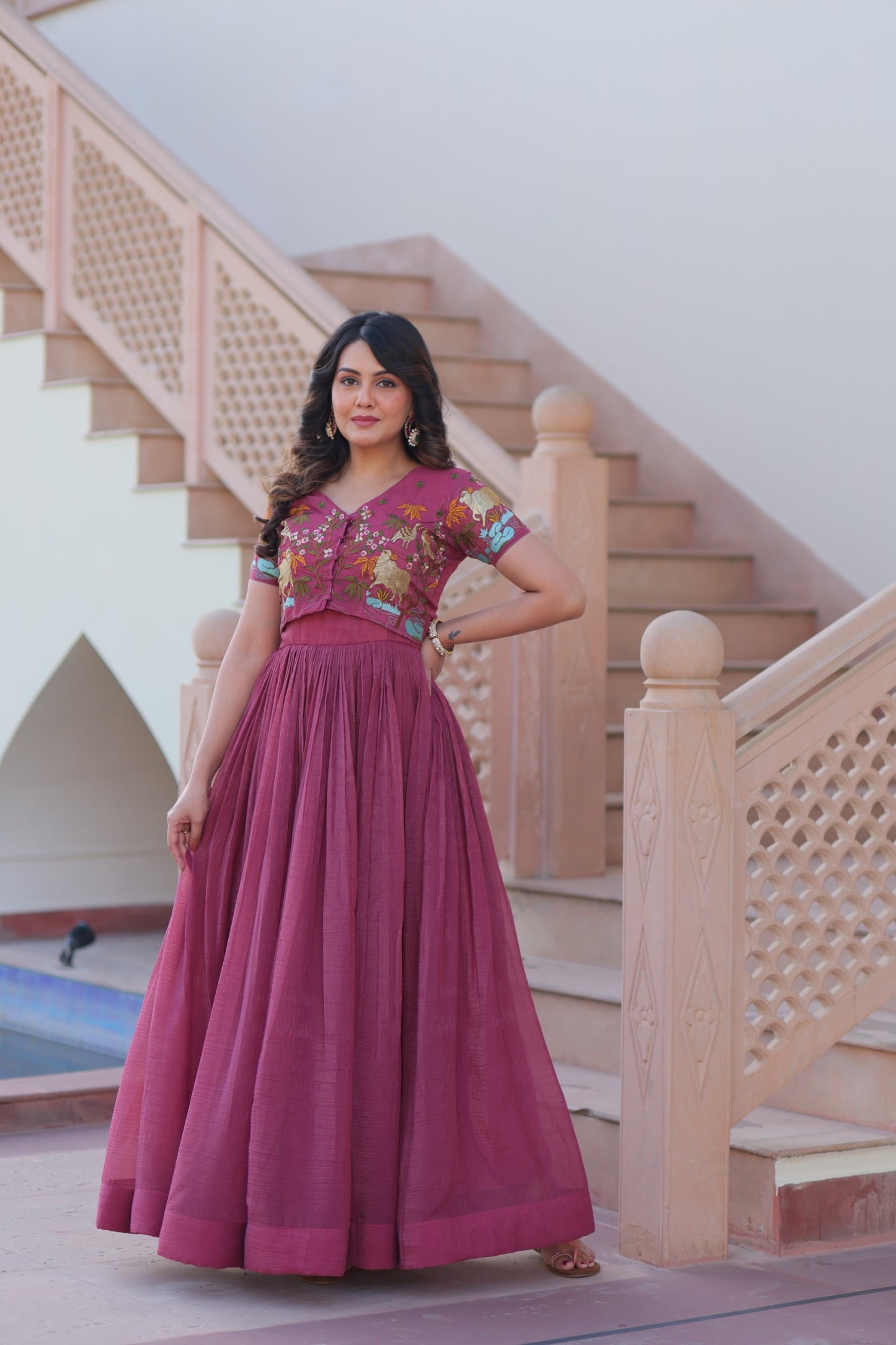 Mehendi color Silver Crunch Embroidery Work Gown with Koti