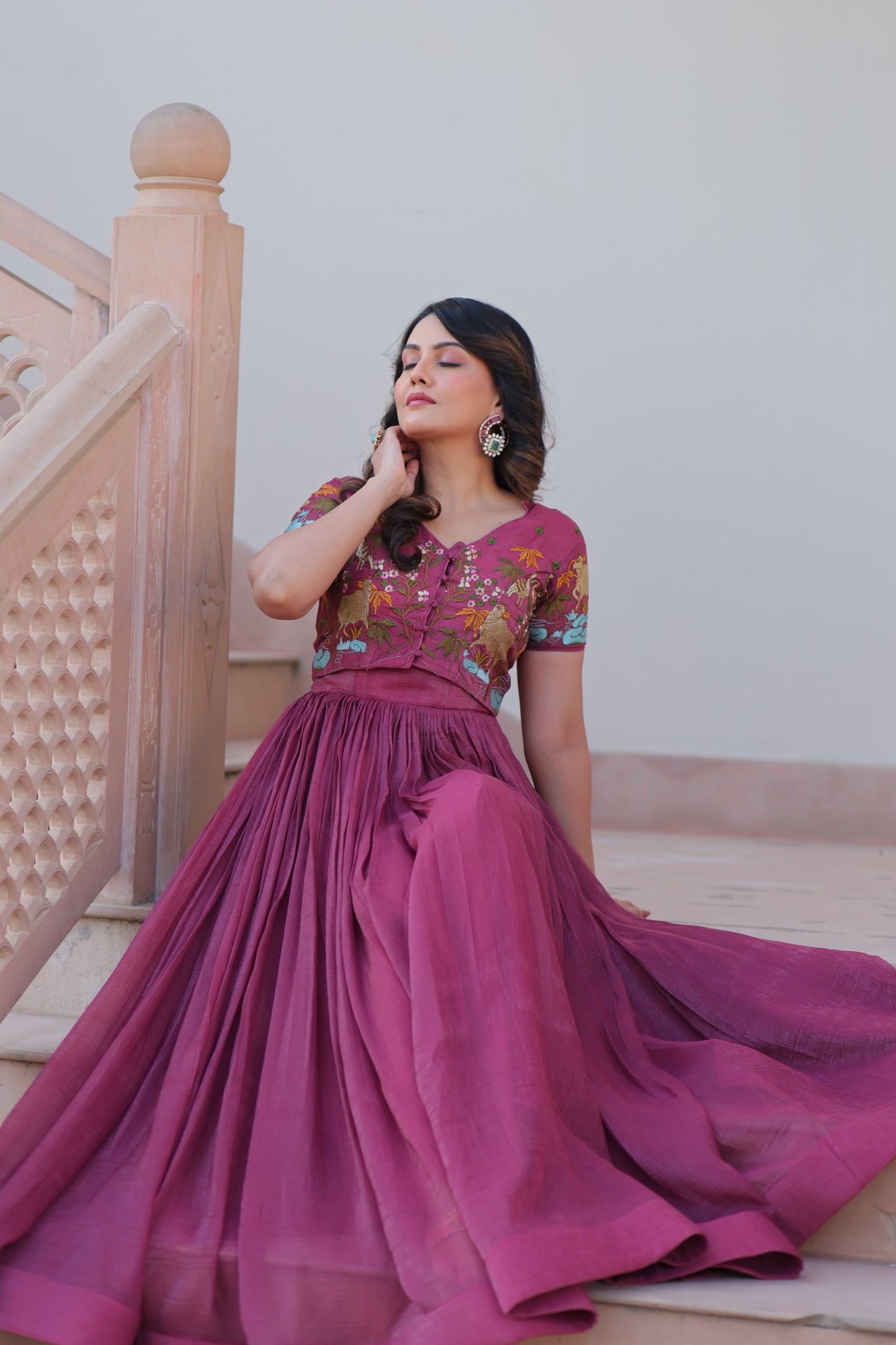 Mehendi color Silver Crunch Embroidery Work Gown with Koti