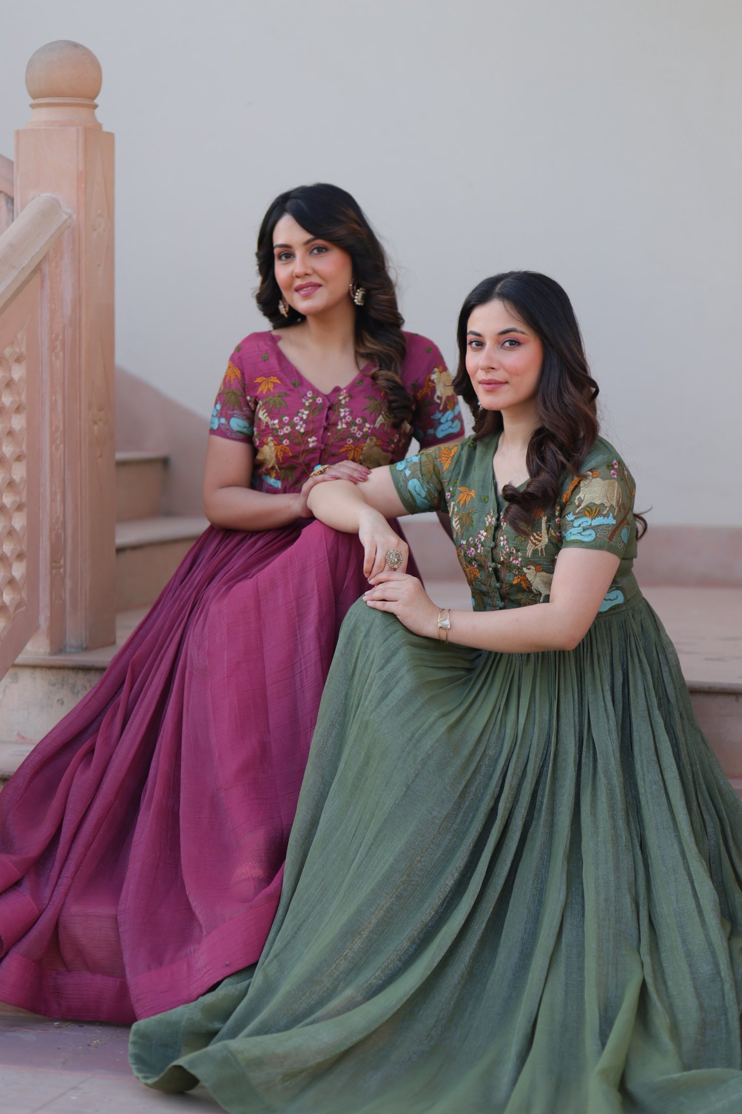 Mehendi color Silver Crunch Embroidery Work Gown with Koti