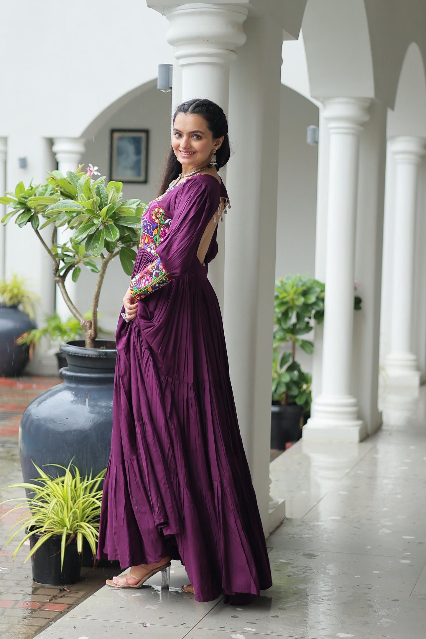 Wine Kutchi Gamthi Work Gown