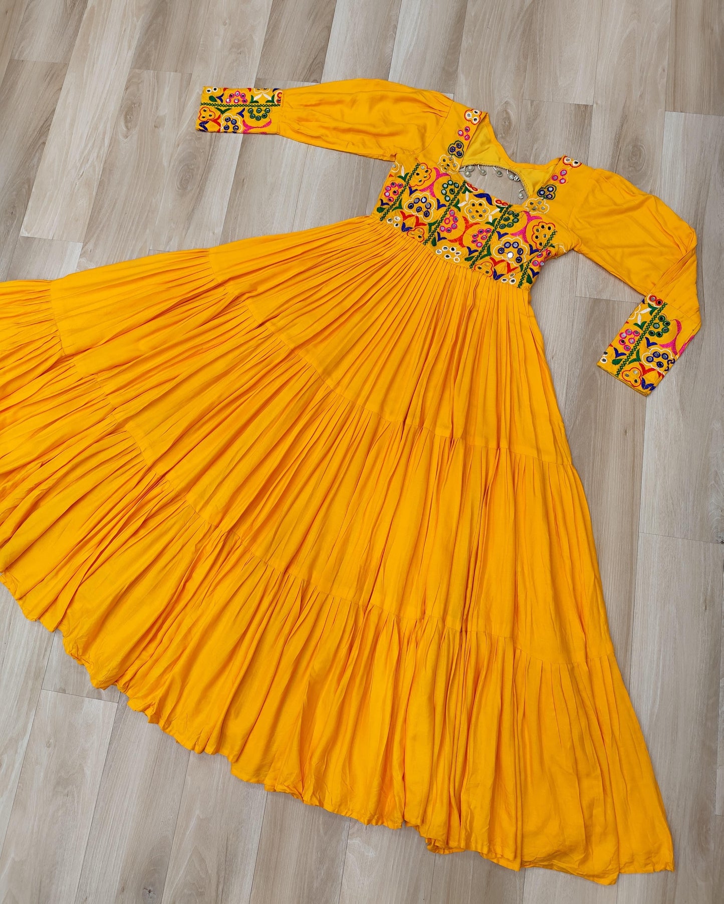 Yellow Kutchi Gamthi Work Gown