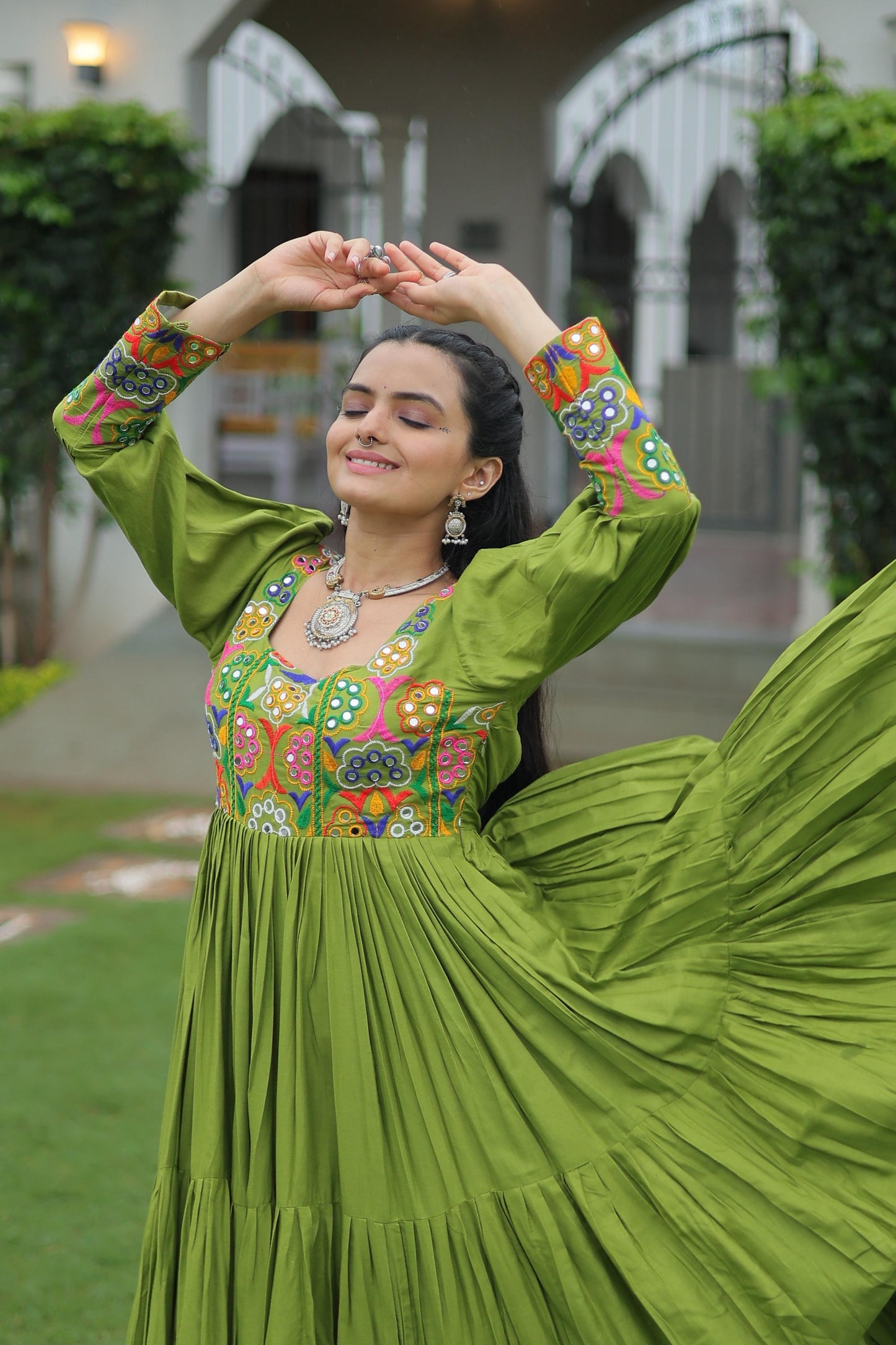 Parrot Green Kutchi Gamthi Work Gown