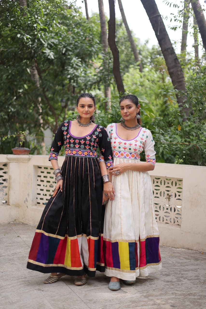 Black Multicolour Thread Work Gown