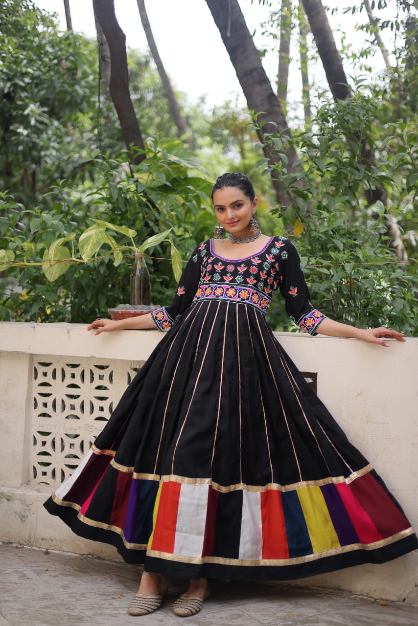 Black Multicolour Thread Work Gown