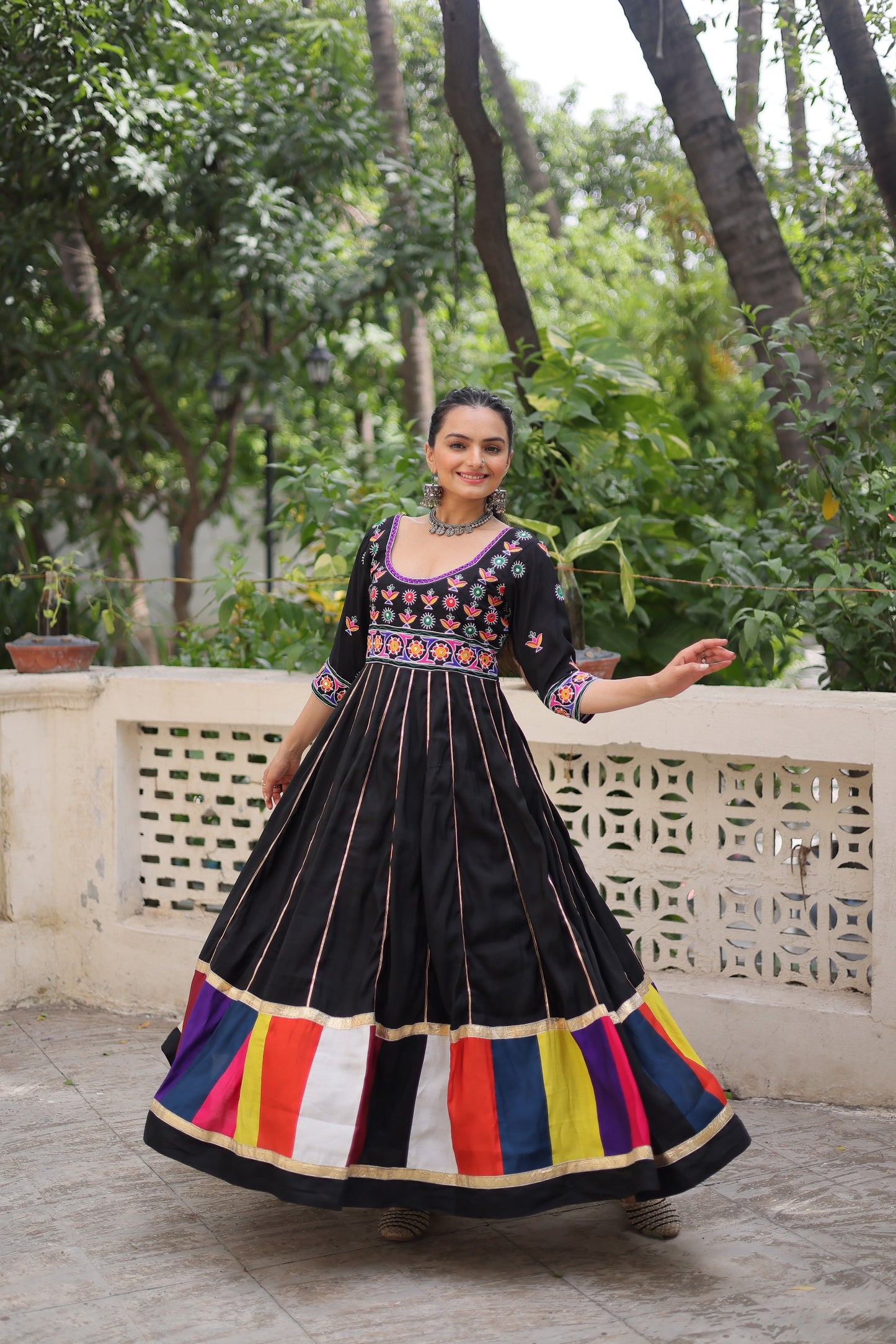 Black Multicolour Thread Work Gown