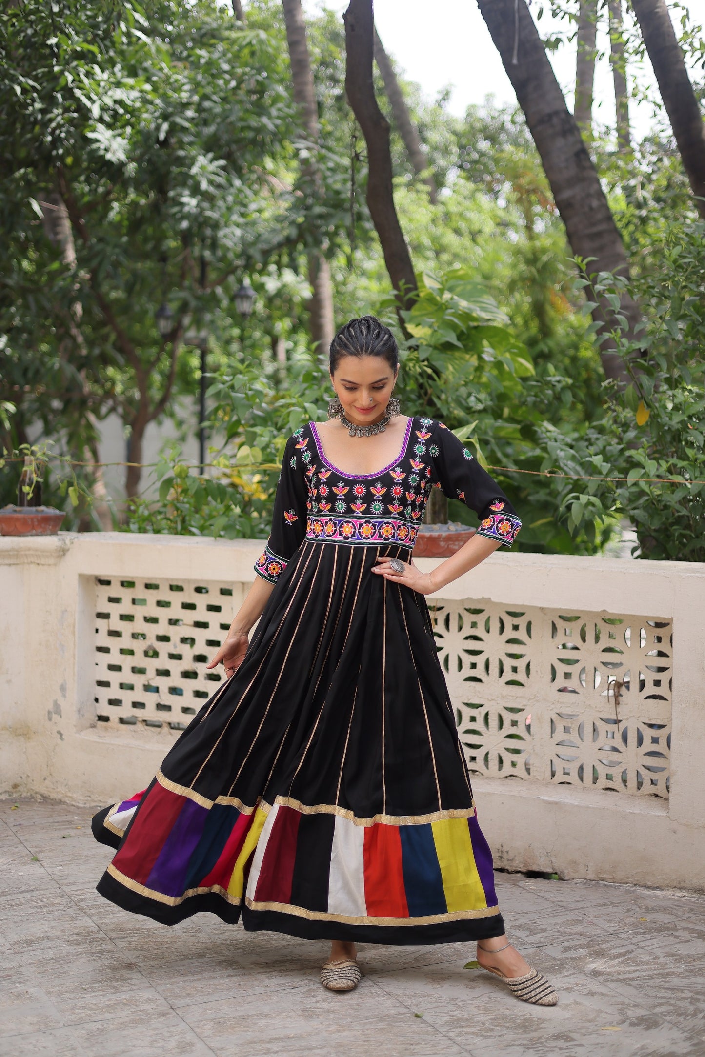 Black Multicolour Thread Work Gown