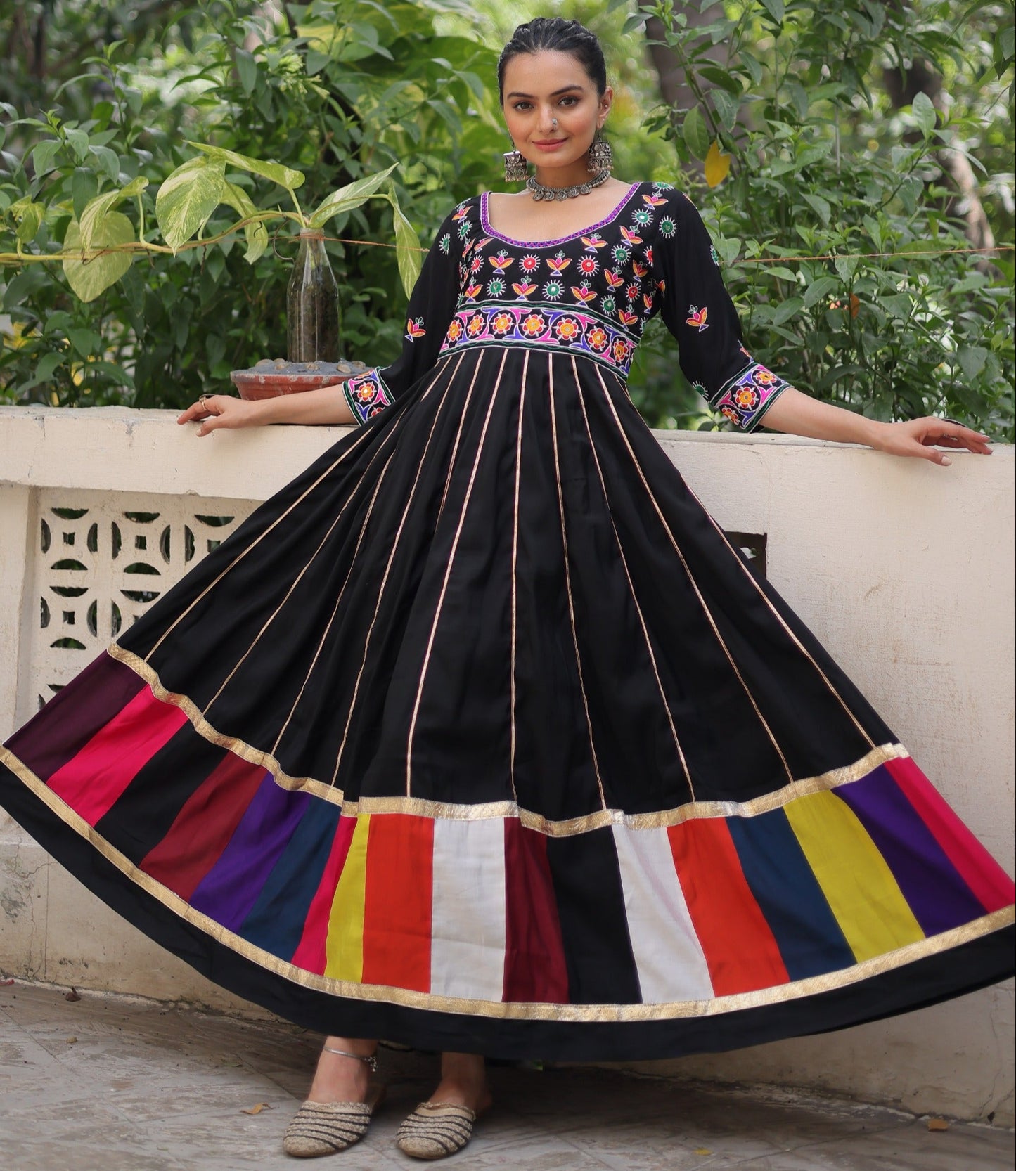 Black Multicolour Thread Work Gown
