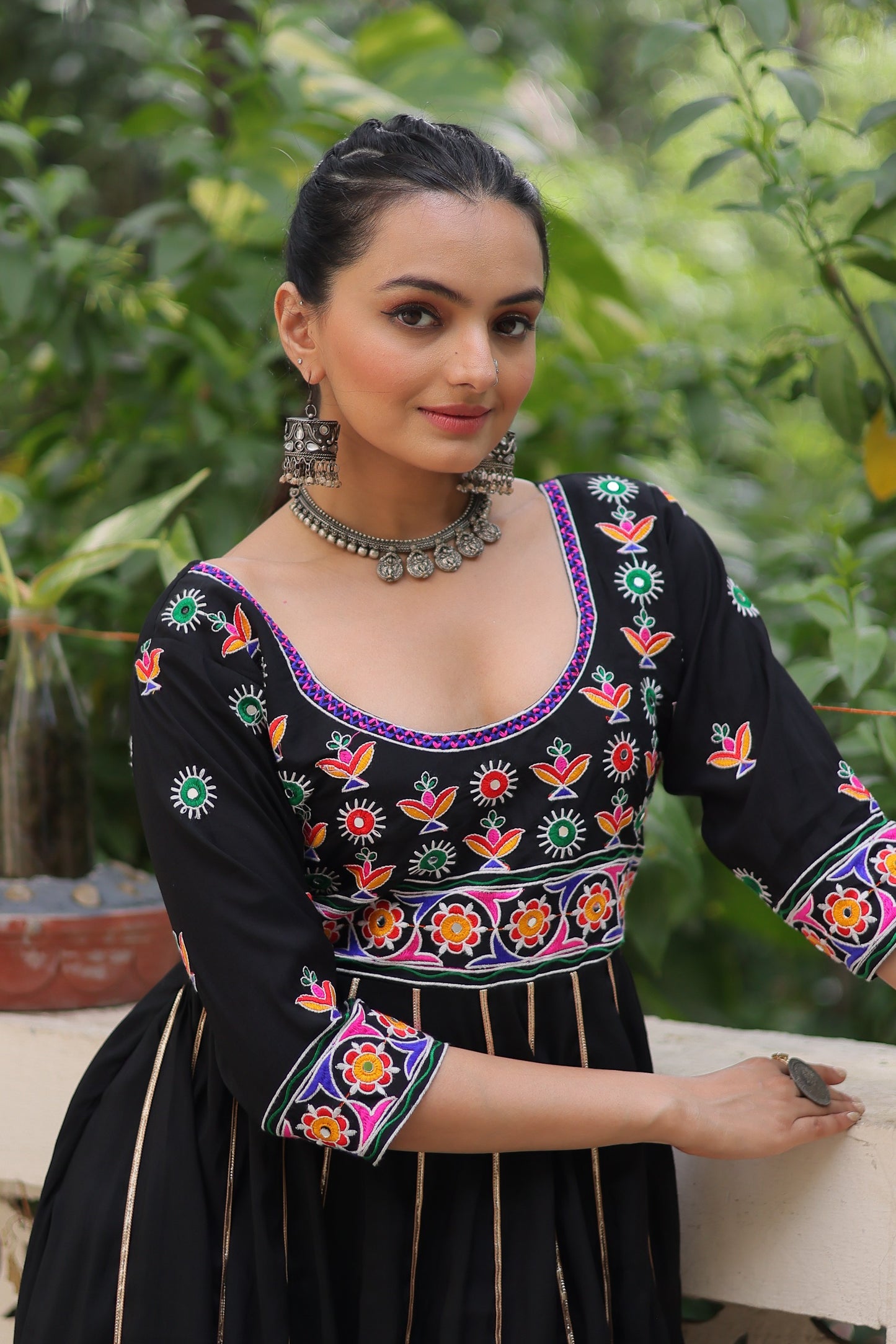 Black Multicolour Thread Work Gown