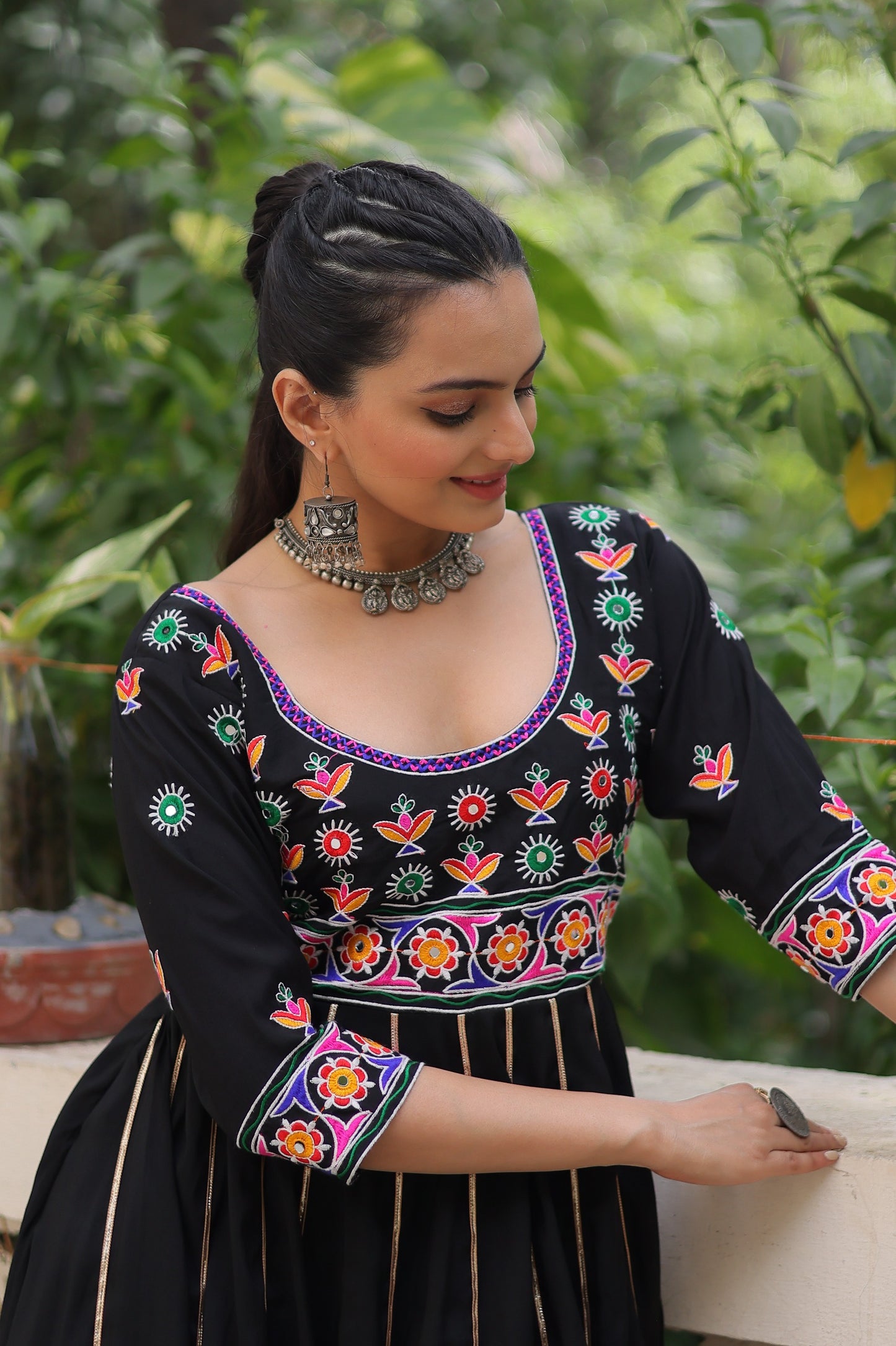 Black Multicolour Thread Work Gown
