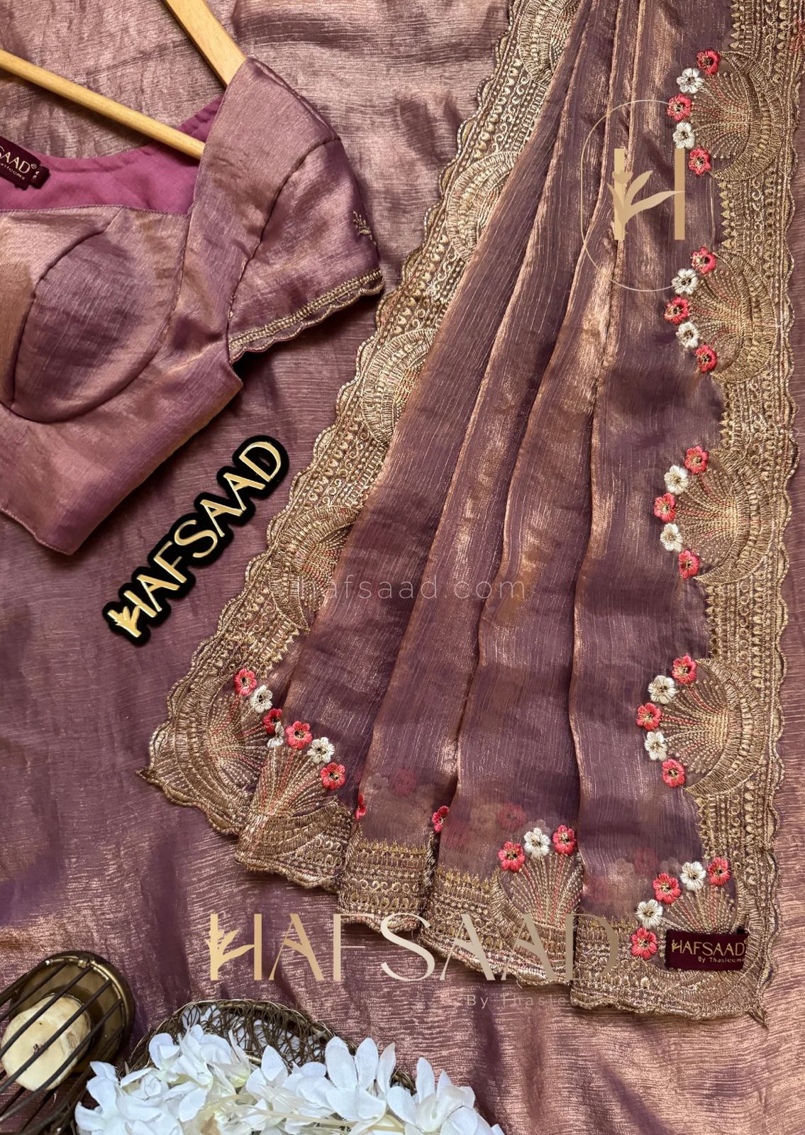 Onion color Fendi Silk Intricate Embroidery Work Saree