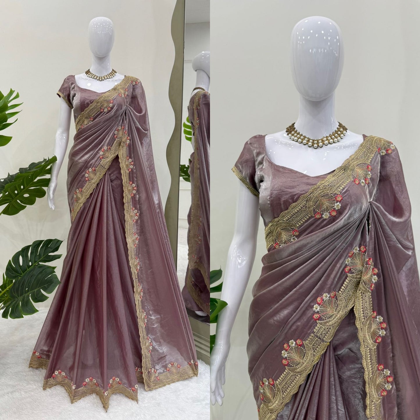 Onion color Fendi Silk Intricate Embroidery Work Saree