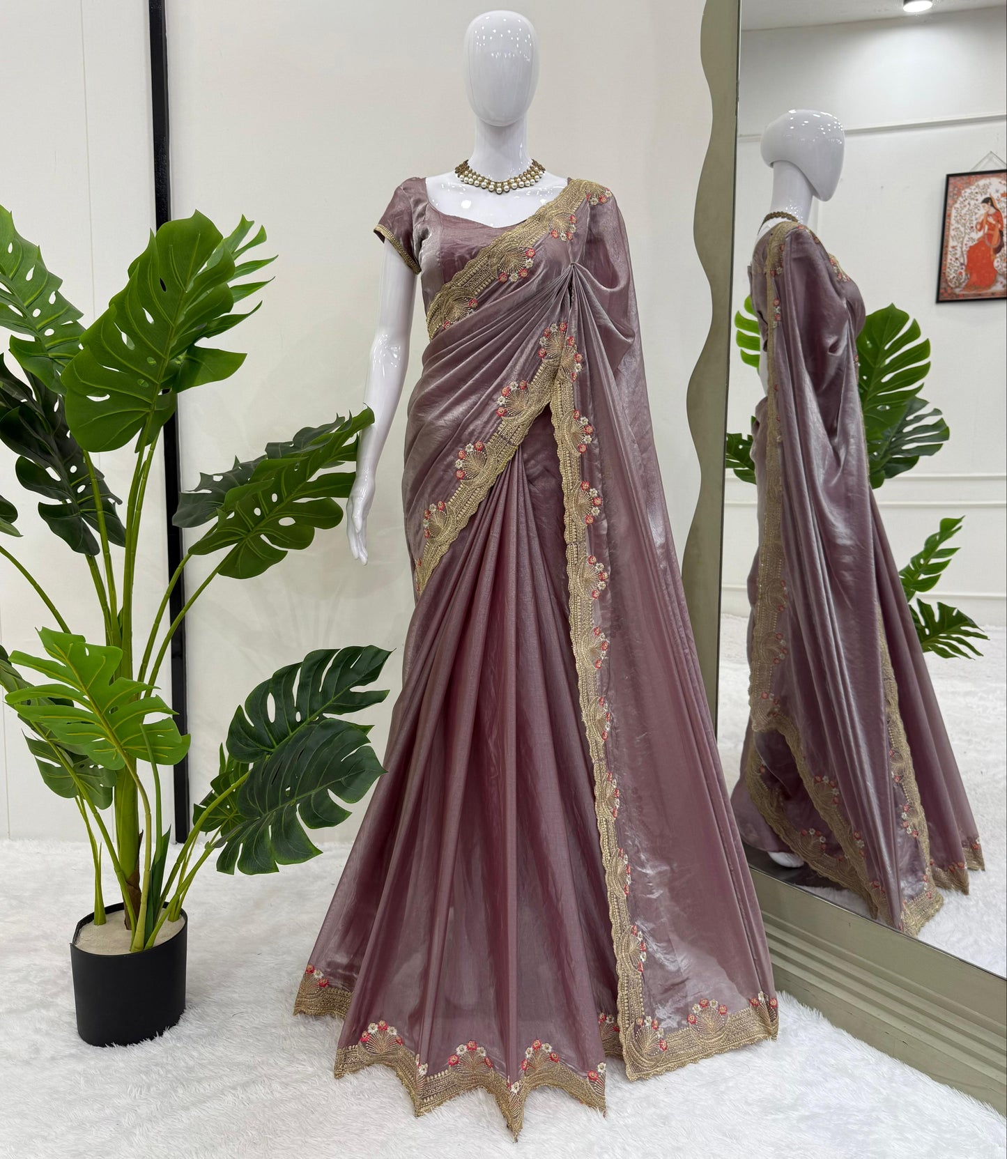 Onion color Fendi Silk Intricate Embroidery Work Saree