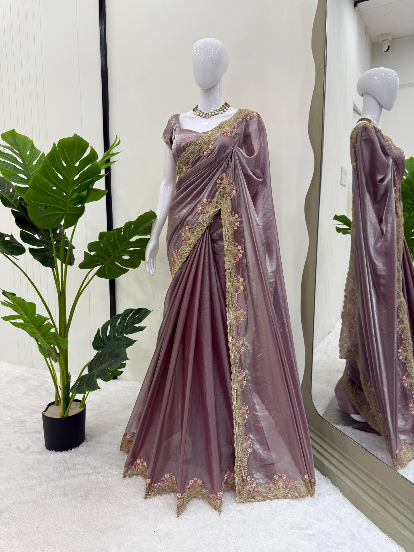 Onion color Fendi Silk Intricate Embroidery Work Saree