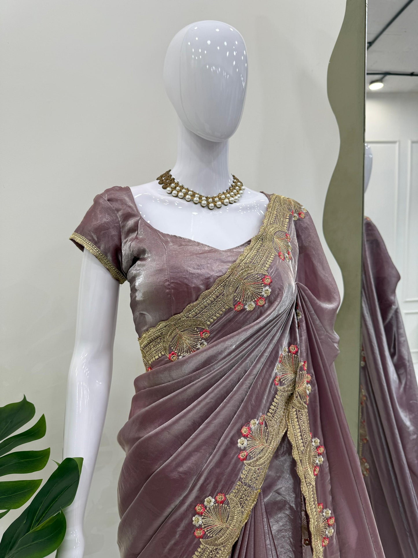 Onion color Fendi Silk Intricate Embroidery Work Saree