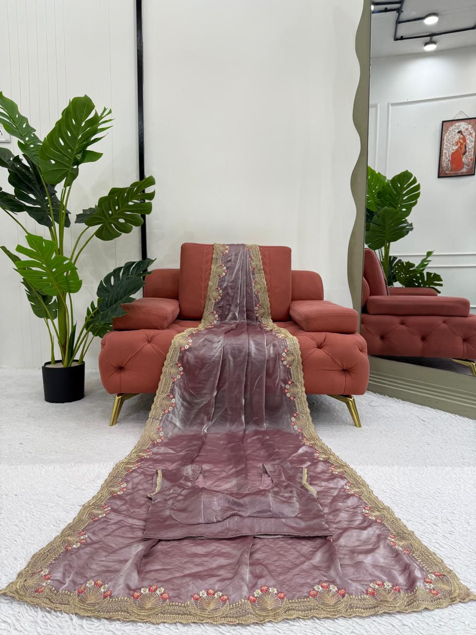 Onion color Fendi Silk Intricate Embroidery Work Saree
