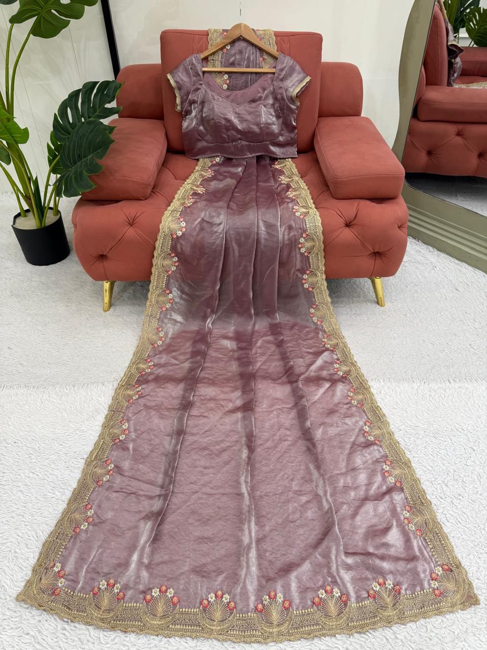 Onion color Fendi Silk Intricate Embroidery Work Saree