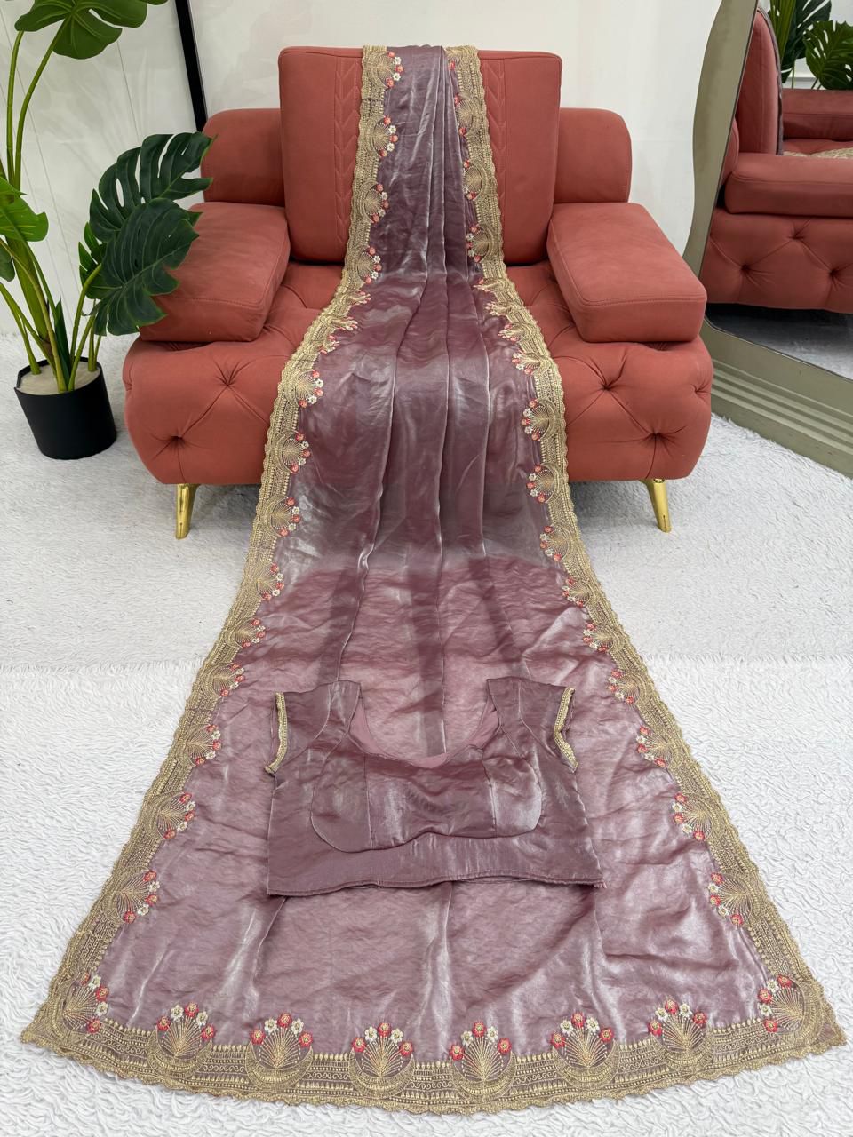 Onion color Fendi Silk Intricate Embroidery Work Saree